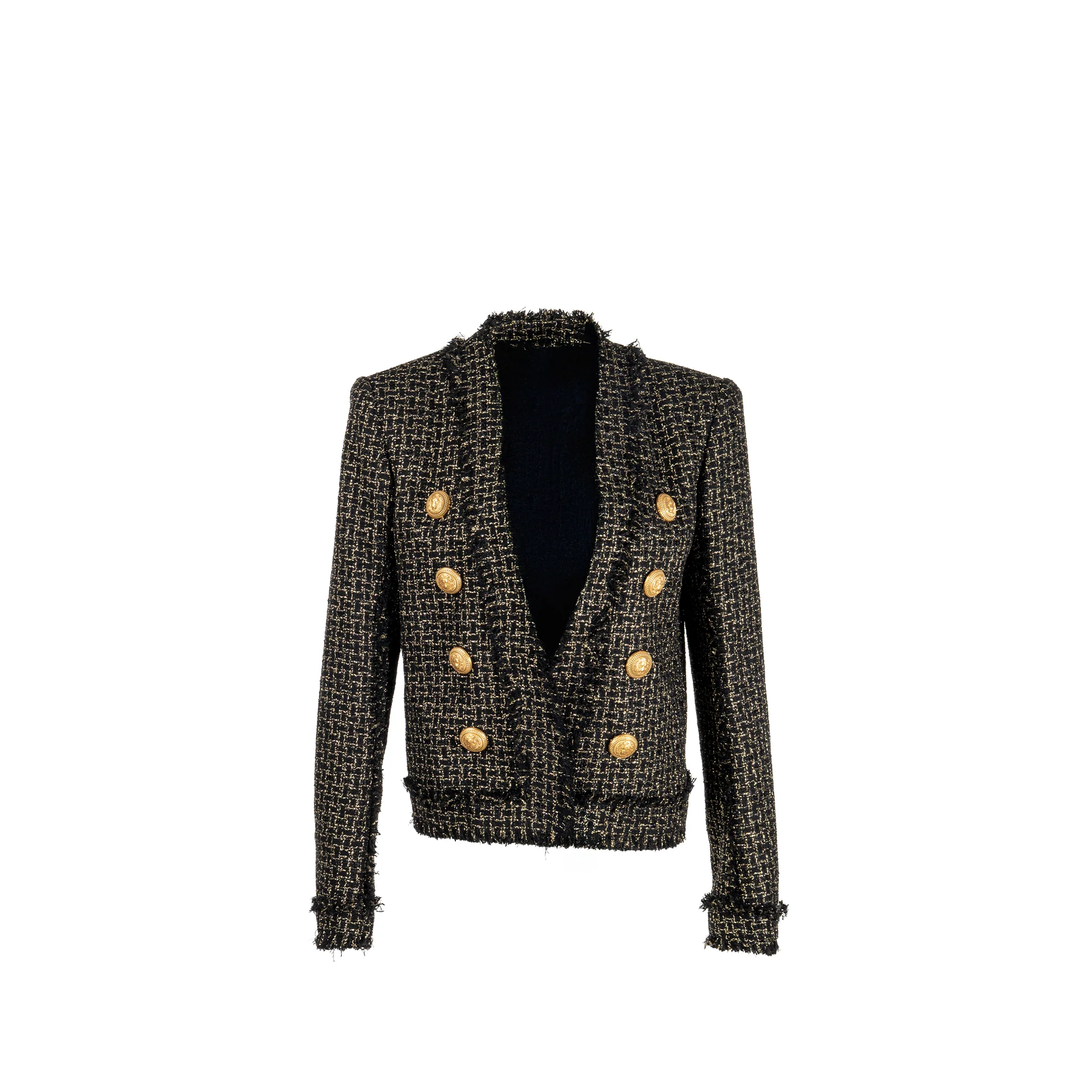 Balmain Size 42 Double-breasted Tweed Jacket Viscose/Polyester/Cotton Black/Gold GHW