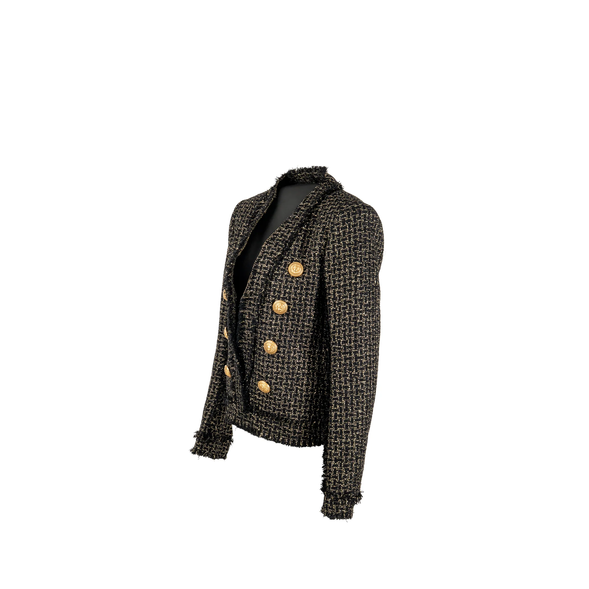 Balmain Size 42 Double-breasted Tweed Jacket Viscose/Polyester/Cotton Black/Gold GHW - Image 3