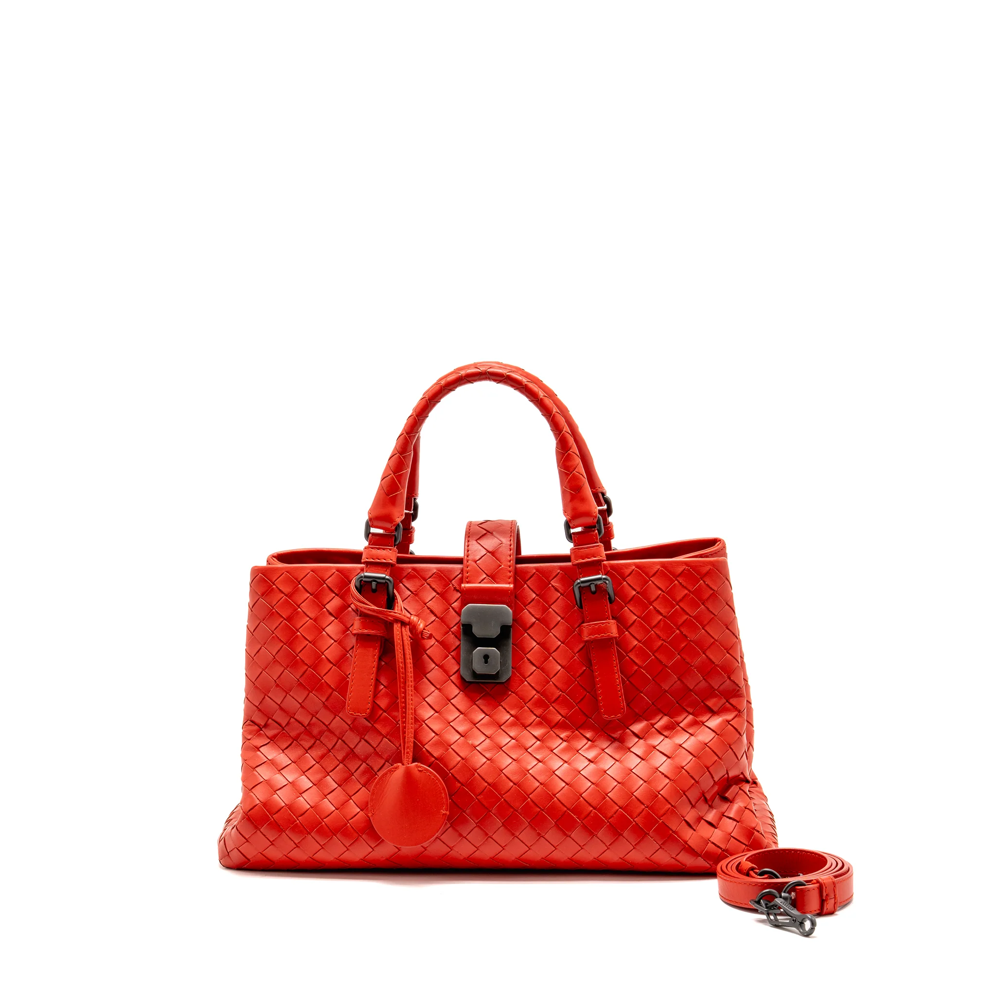 Bottega Veneta Small Roma Tote Bag Intrecciato Leather Red Gunmetal Tone Hardware