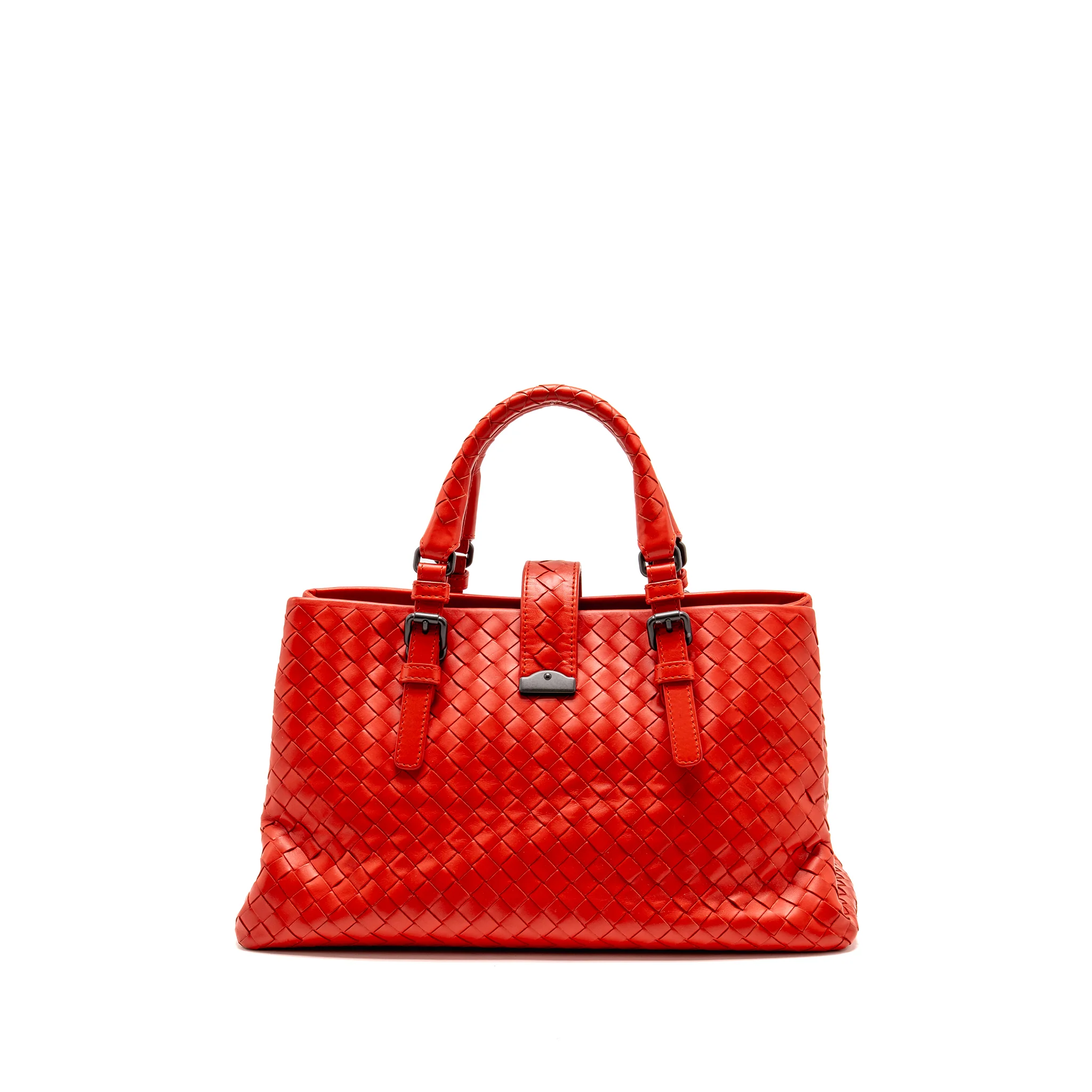 Bottega Veneta Small Roma Tote Bag Intrecciato Leather Red Gunmetal Tone Hardware - Image 2