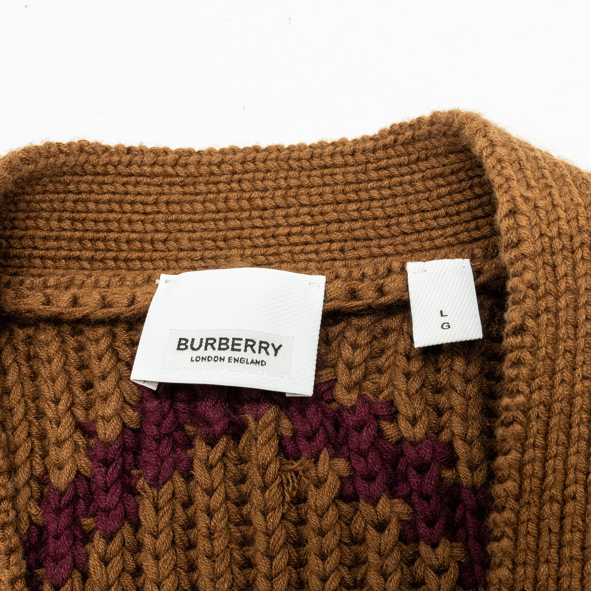 Burberry Size L Chevron Pattern Ribbed Cardigan Cashmere/Cotton Brown/Multicolour - Image 6