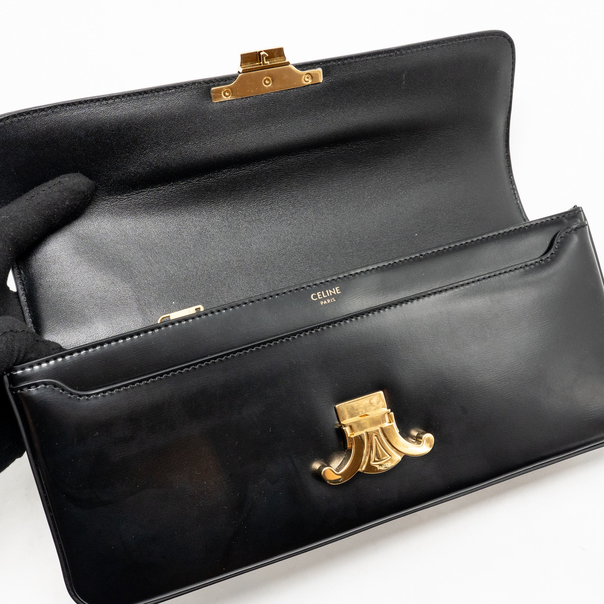 Celine Triomphe Claude Chain Shoulder Bag Shiny Calfskin Black GHW - Image 14