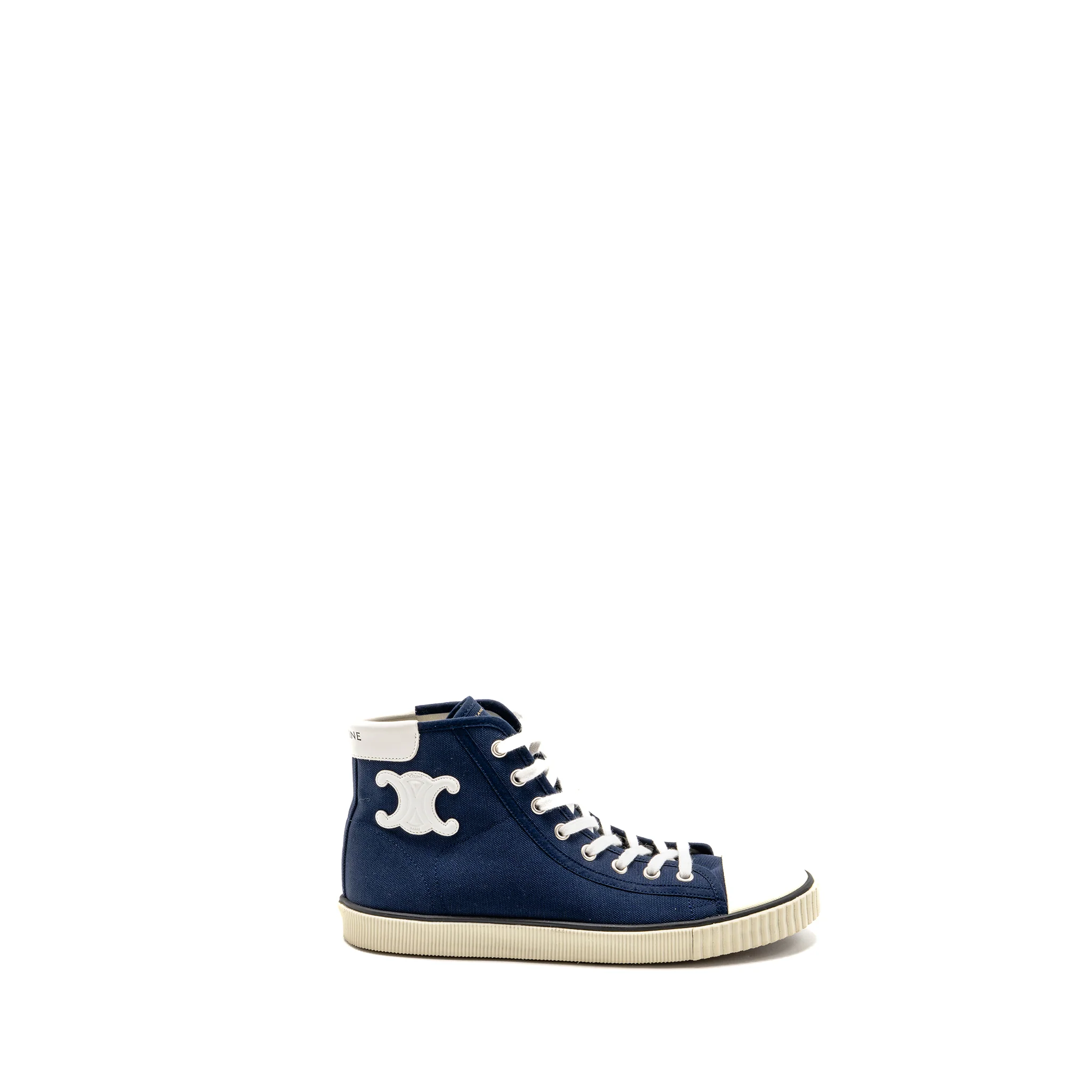 Celine size 39 blank lace up toe cap high top sneakers canvas/calfskin navy - Image 5