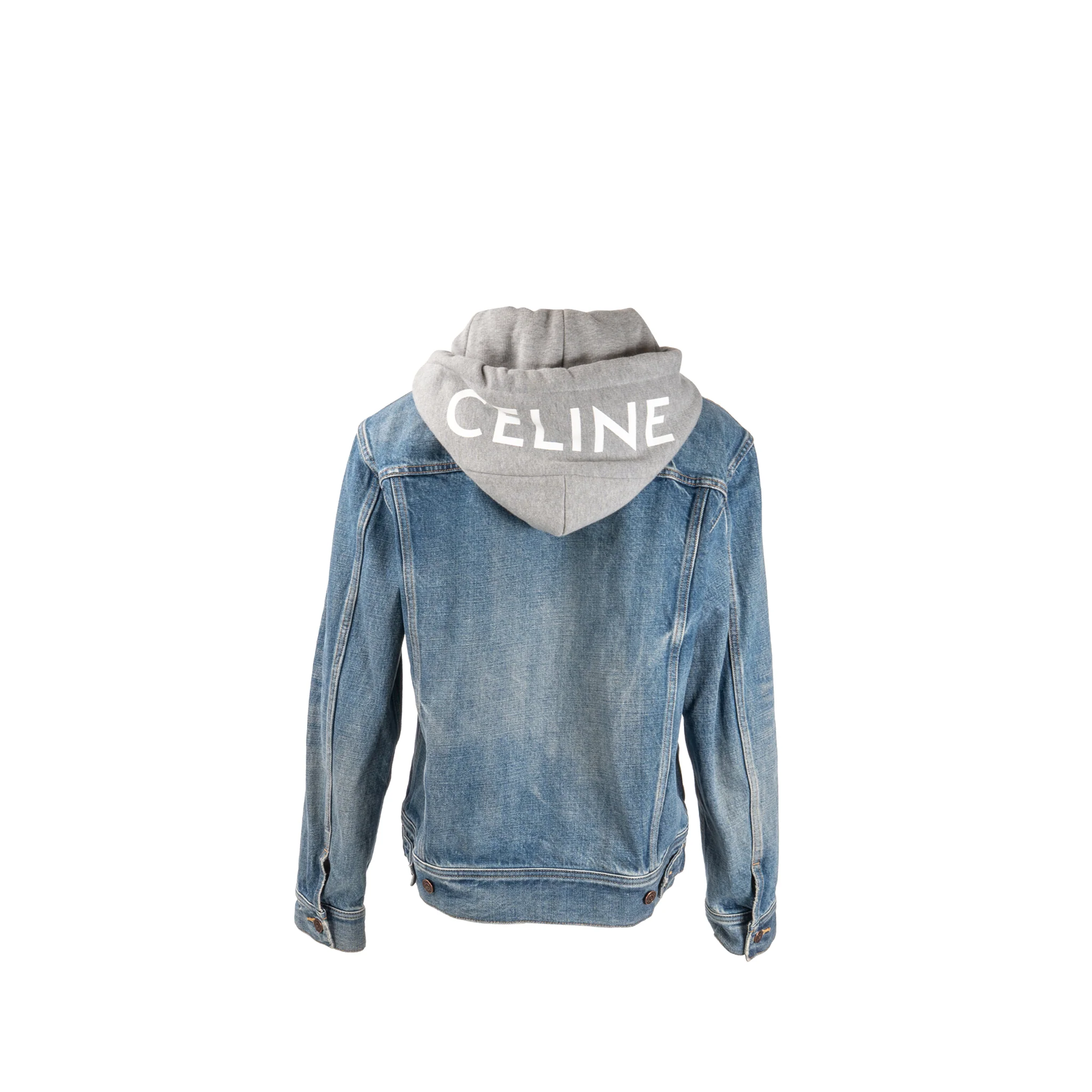 Celine Size M Hooded Trucker Denim Jacket Union Wash Denim Blue / Grey - Image 3