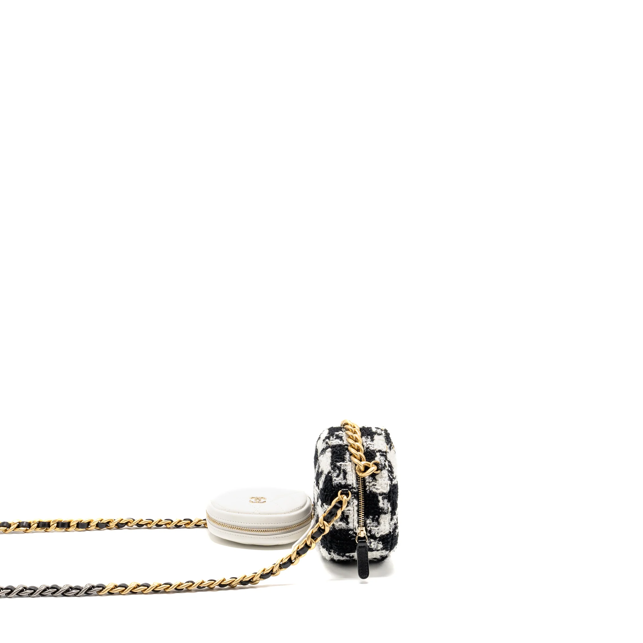 Chanel 19 round clutch  with chain with coin purse tweed / lambskin black/ white GHW - Image 3