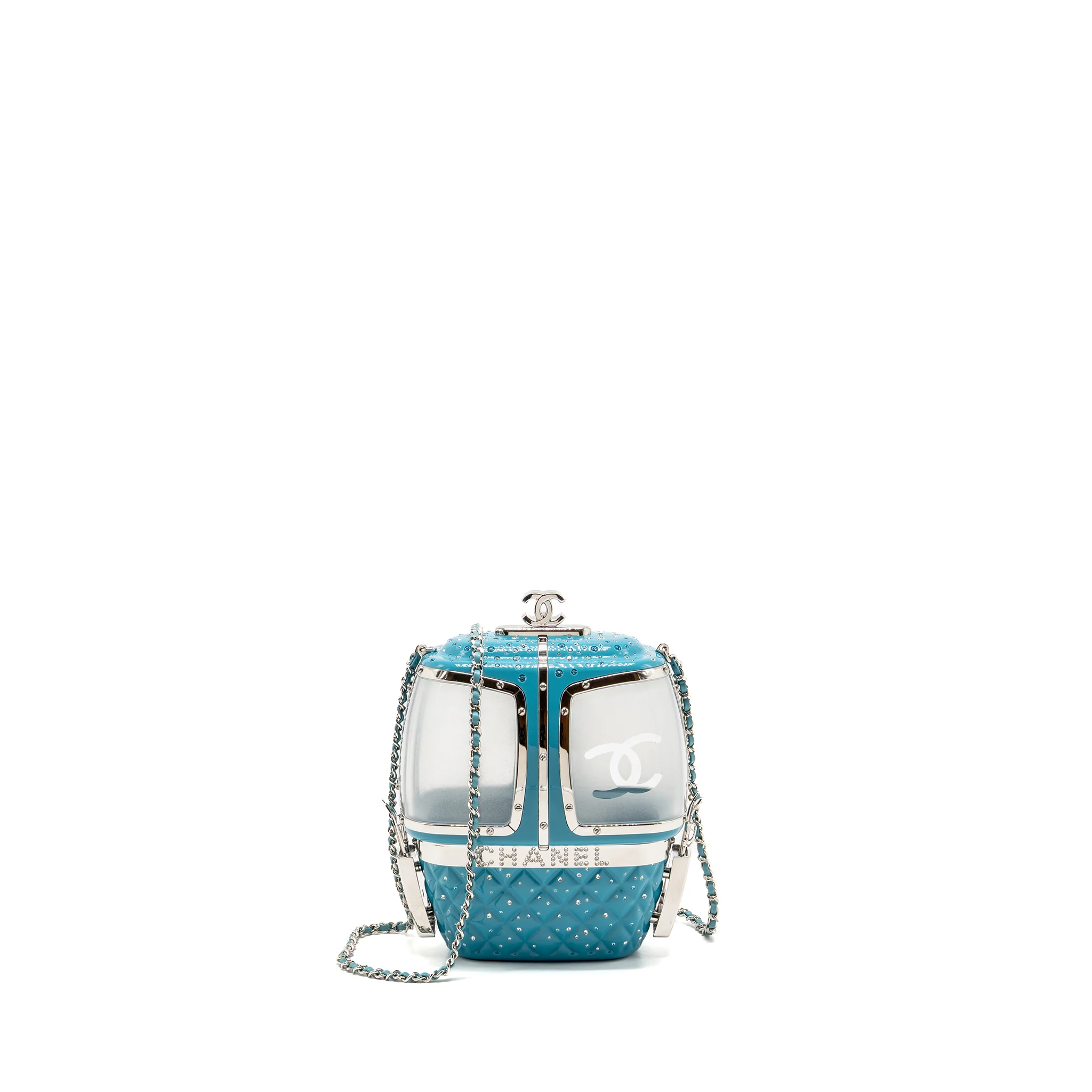 Chanel 19K Minaudiere limited snow gondola clutch evening bag acrylic plastic blue SHW