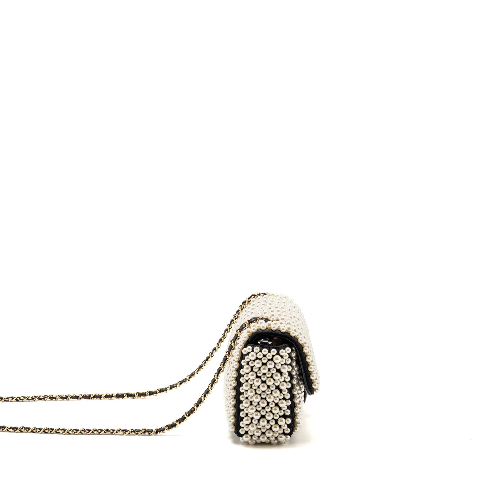 Chanel 19S pearl flap mini rectangular flap bag satin/ lambskin black LGHW - Image 3