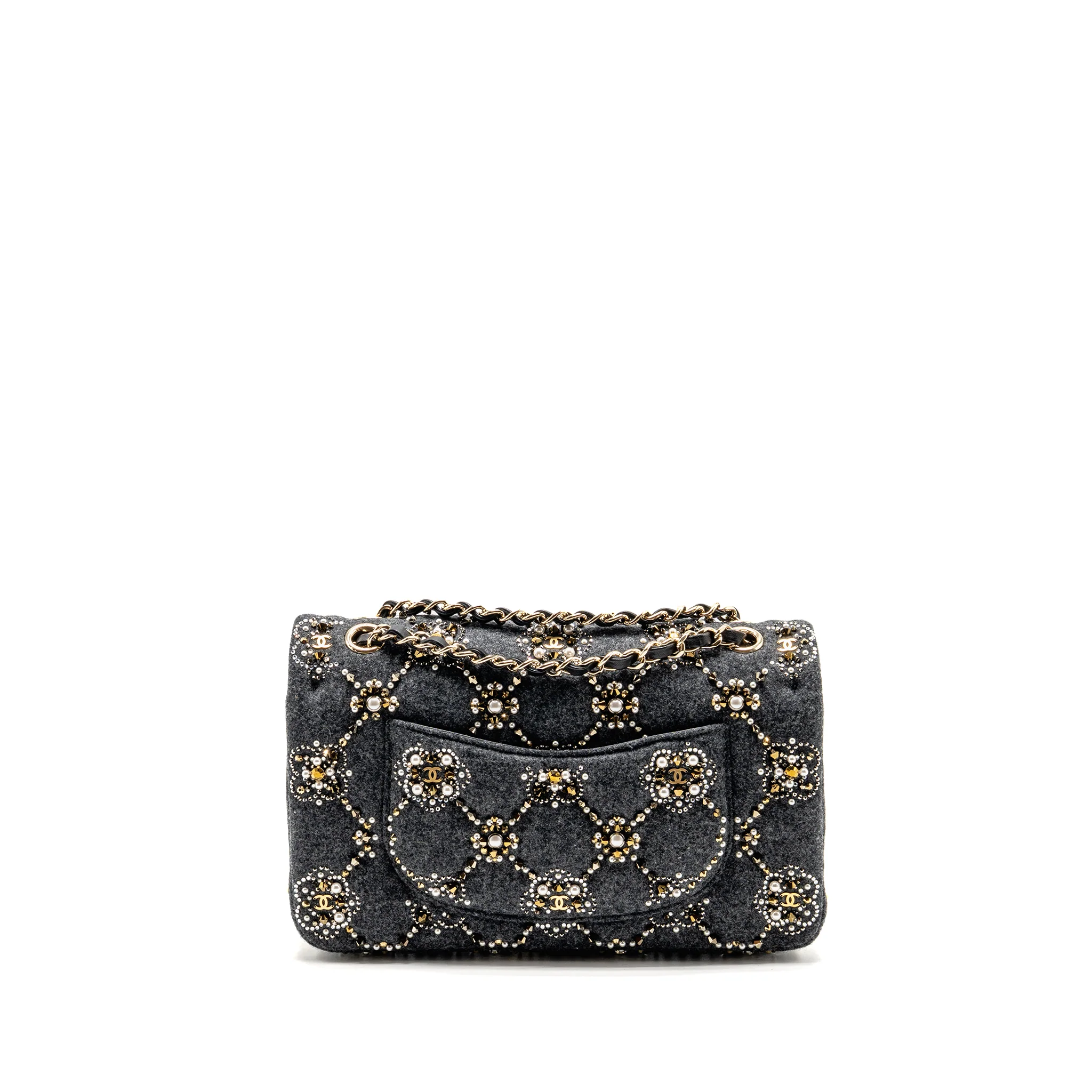 Chanel 21A pearl strass crystal medium classic double flap bag fabric grey LGHW - Image 2