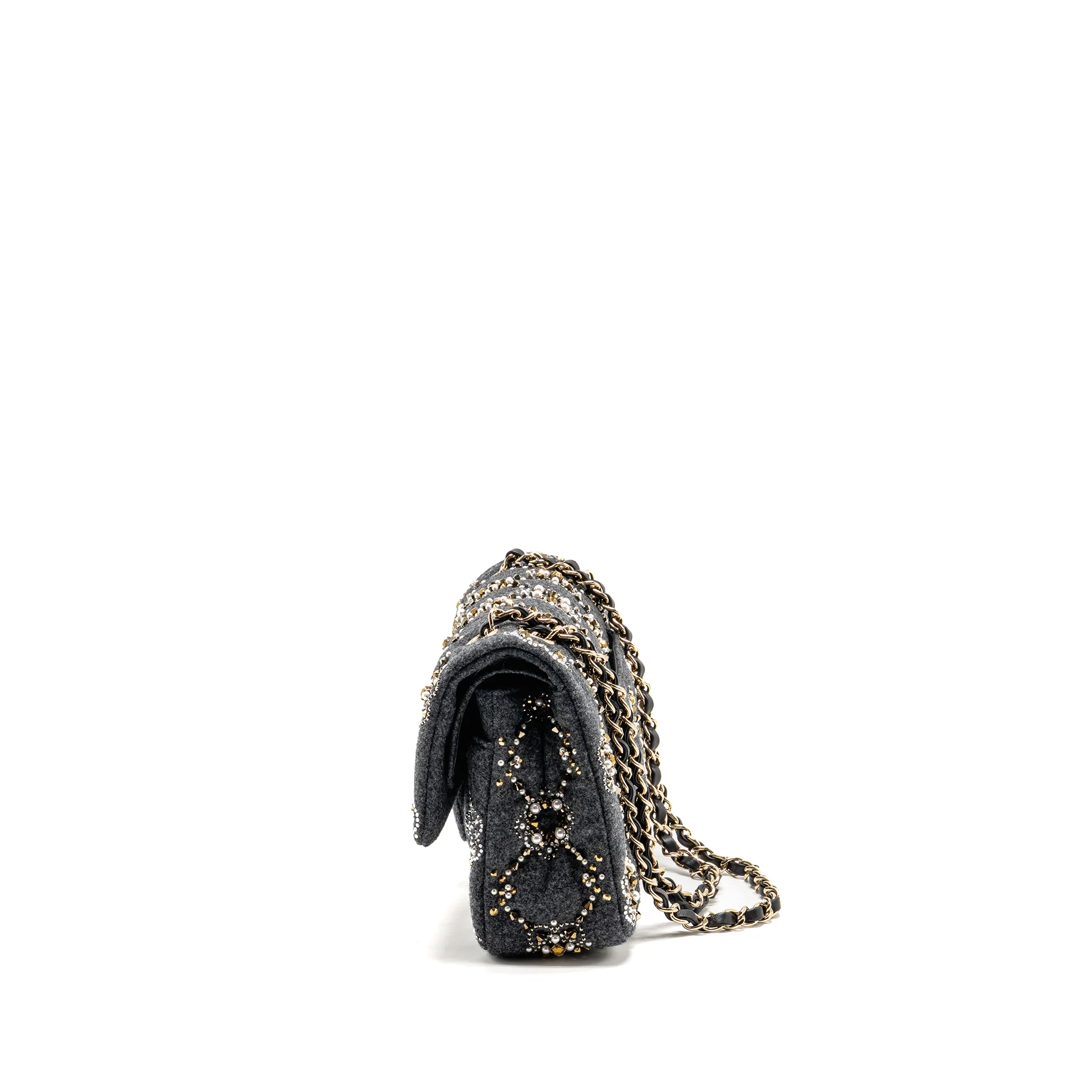 Chanel 21A pearl strass crystal medium classic double flap bag fabric grey LGHW - Image 4