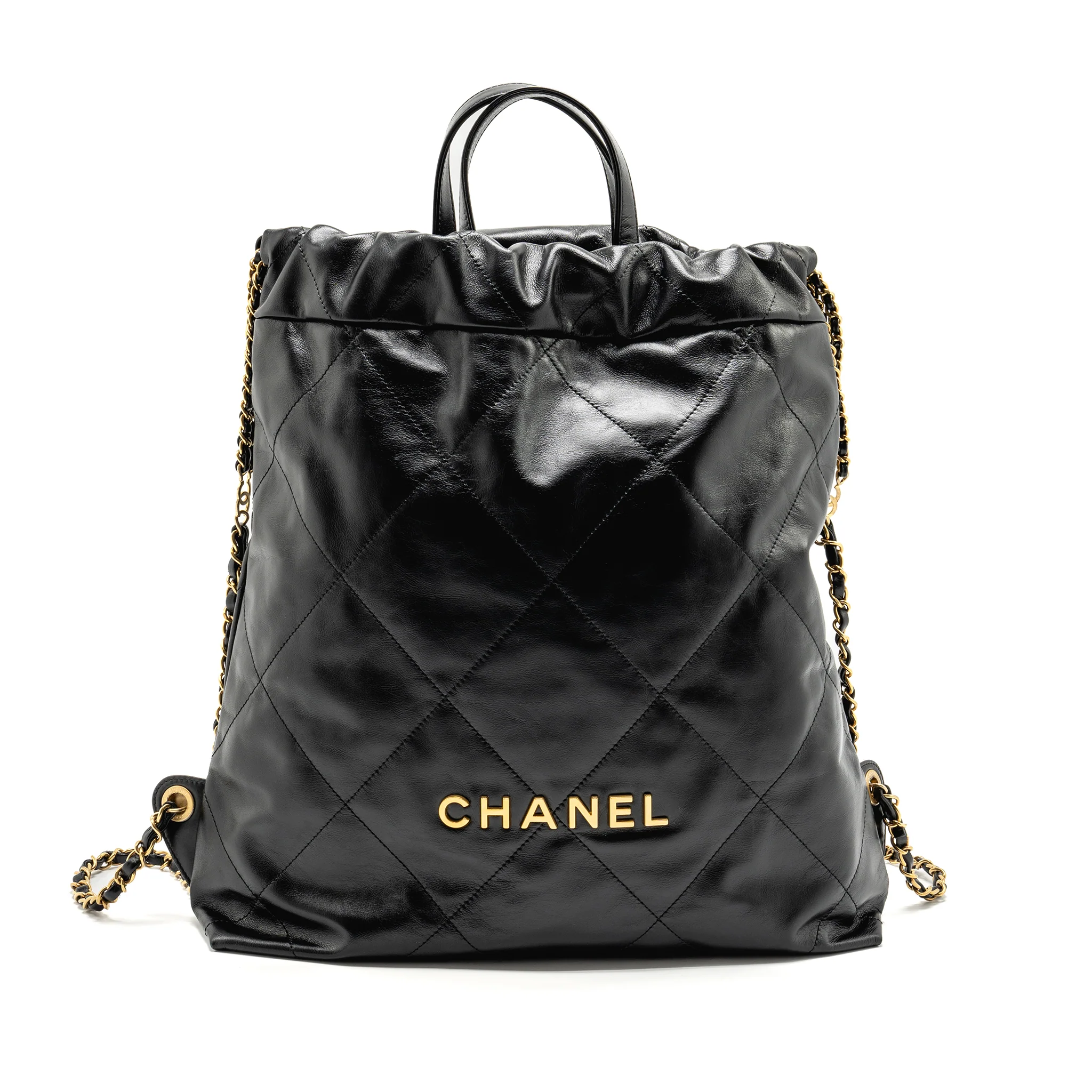 Chanel Large 22 Backpack Gold Letter Logo Shiny Calfskin Black GHW(microchip)