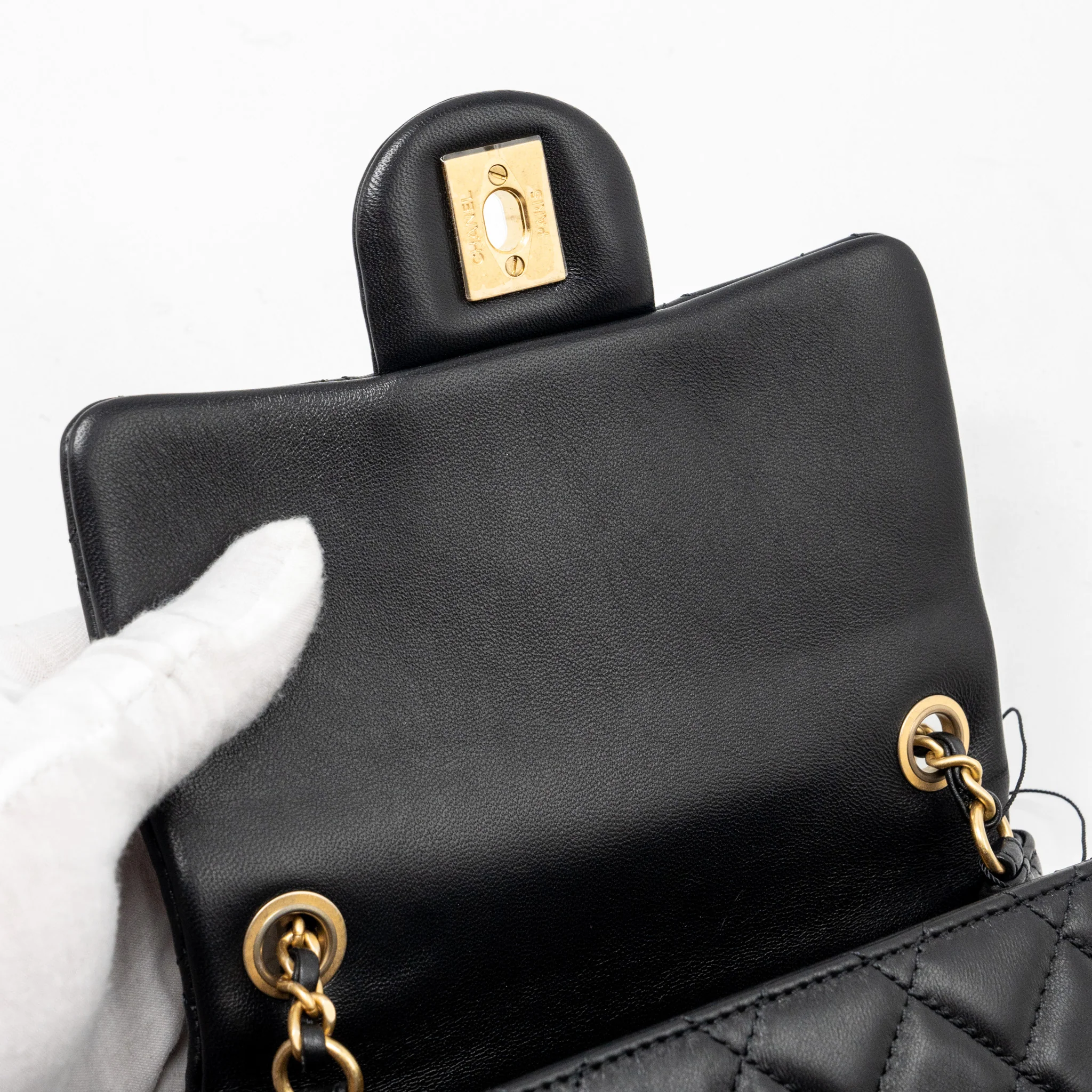 Chanel pearl crush mini square flap bag lambskin black GHW (microchip) - Image 15