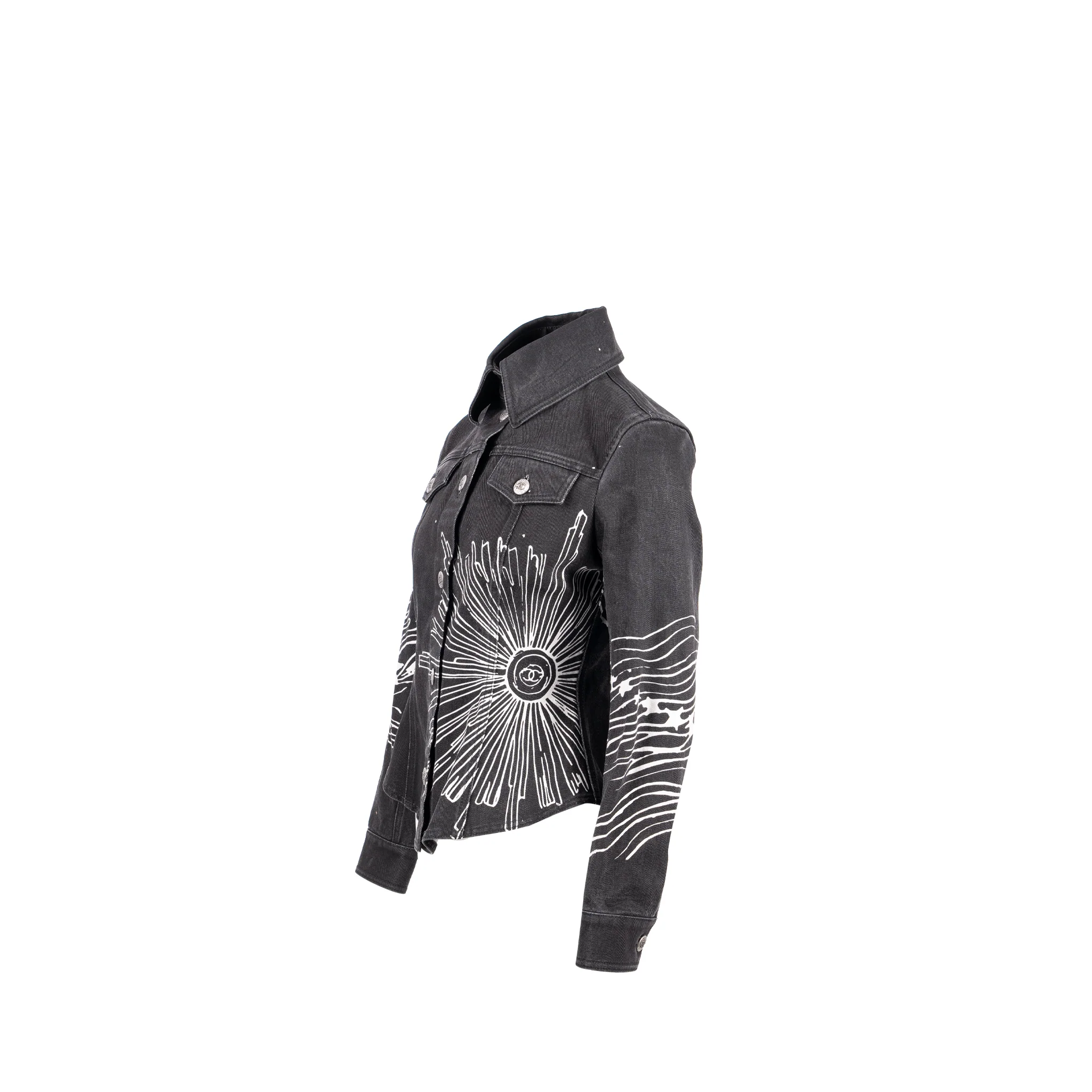 Chanel 22C Size 34 Graphic Print Denim Jacket Cotton Black/ White - Image 2