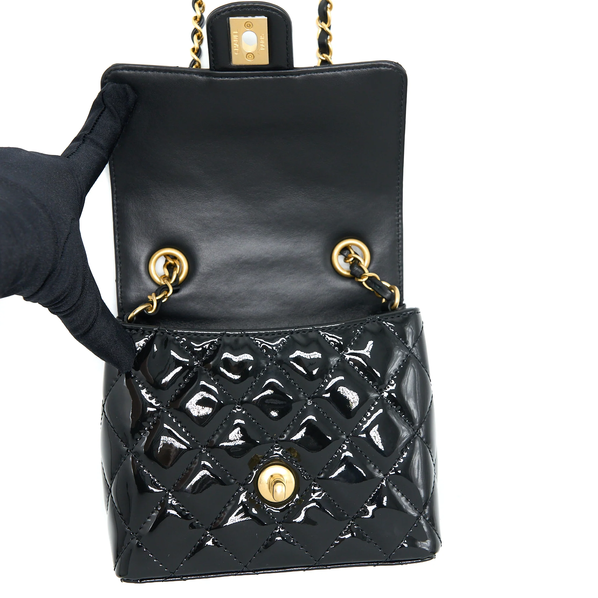 Chanel 22K Retro Classic New Square Mini Flap Bag Patent Black Brushed GHW(Microchip) - Image 10