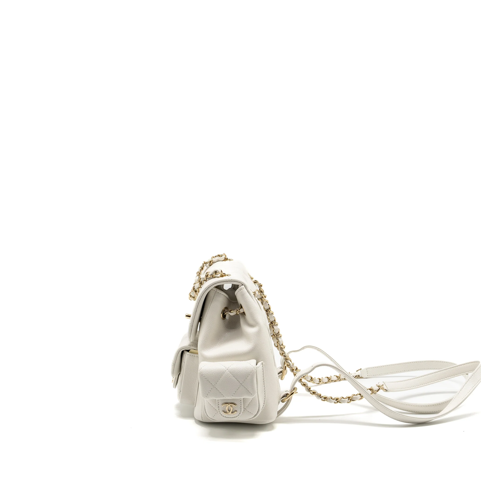 Chanel 23K Triple Pocket Mini Backpack Caviar White LGHW (Microchip) - Image 4