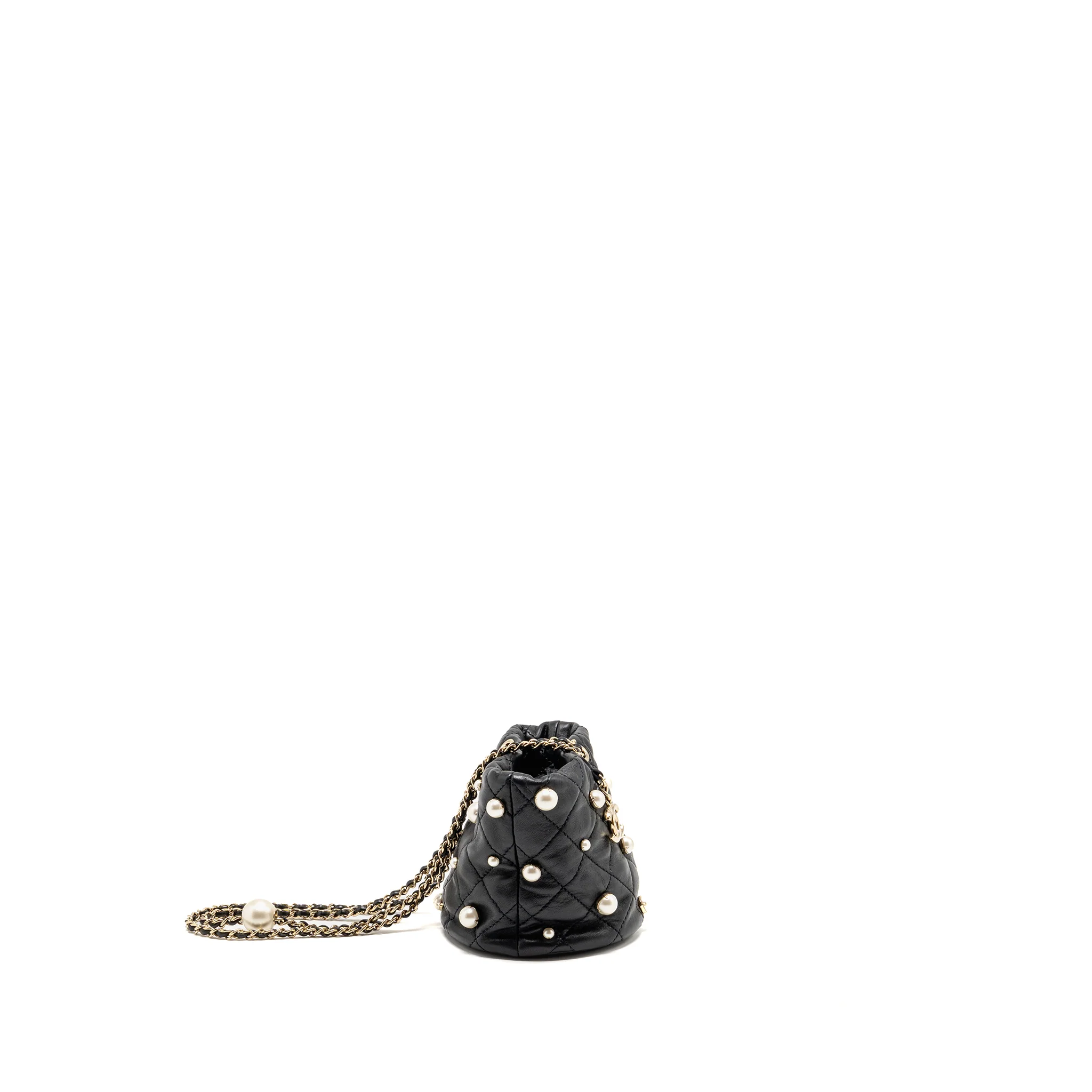 Chanel About Pearls Quilted Drawstring Bucket Bag Lambskin Black LGHW - Image 3