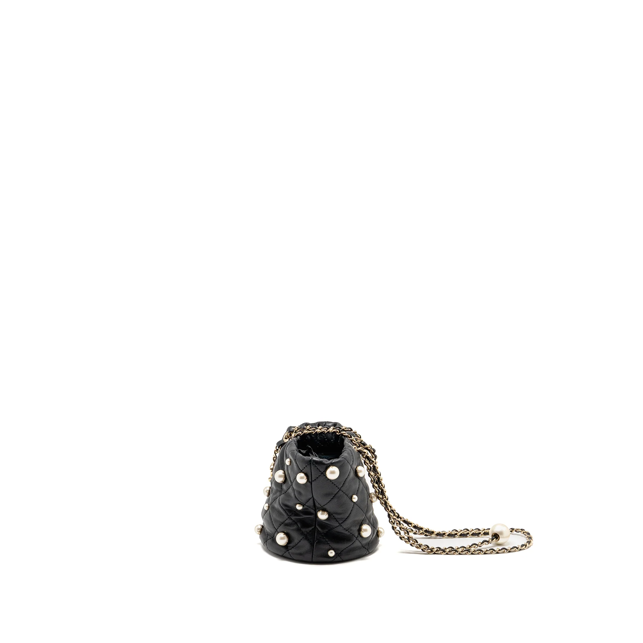 Chanel About Pearls Quilted Drawstring Bucket Bag Lambskin Black LGHW - Image 4
