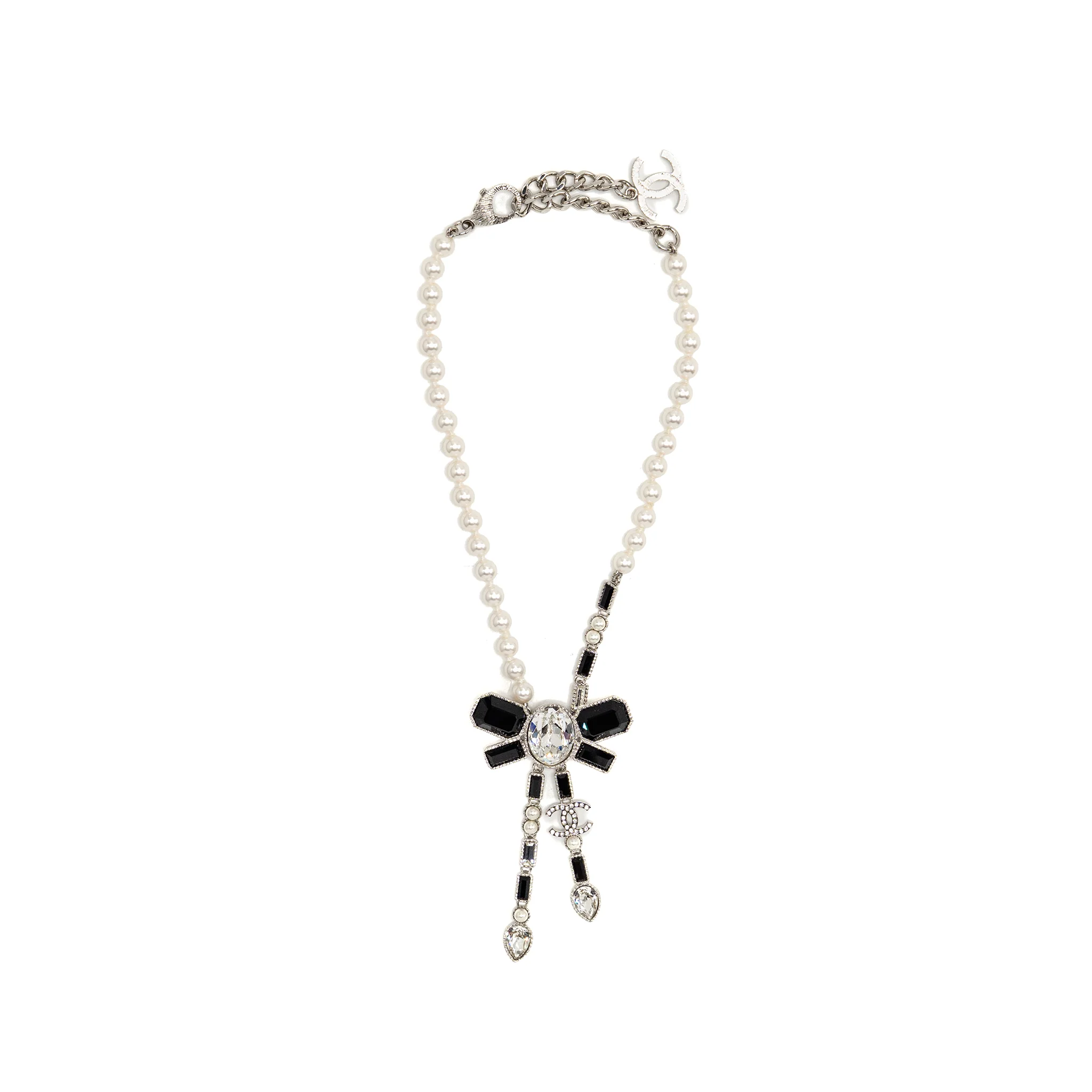 Chanel Crystal/Pearl CC Logo Dropped Necklace Silver Tone