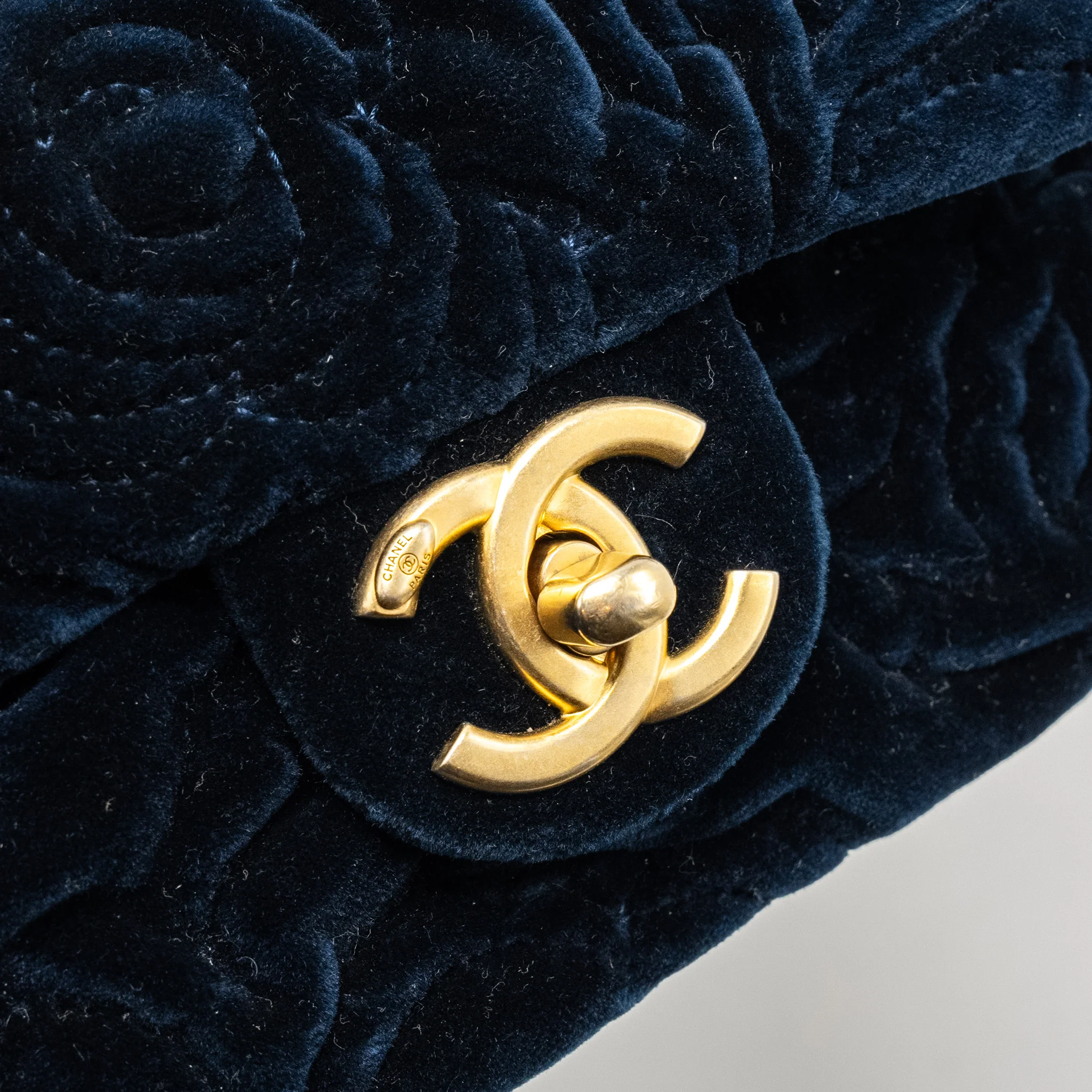 Chanel Camellia Embossed Mini Square Flap Bag Velvet Navy GHW (microchip) - Image 12
