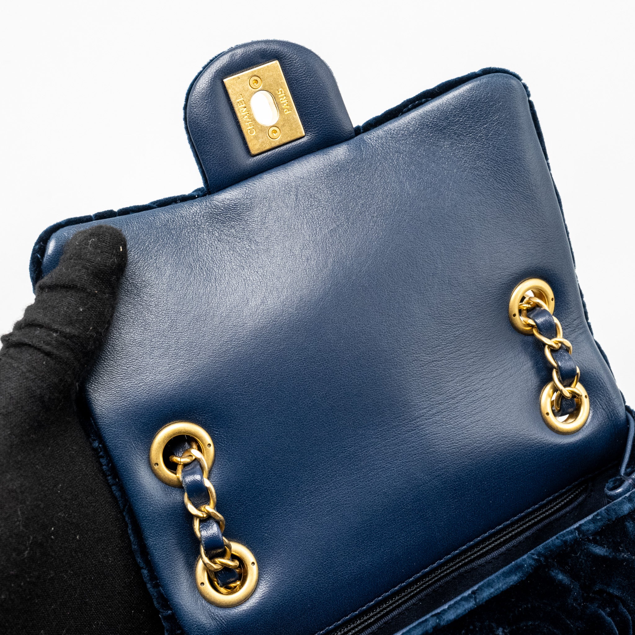 Chanel Camellia Embossed Mini Square Flap Bag Velvet Navy GHW (microchip) - Image 15