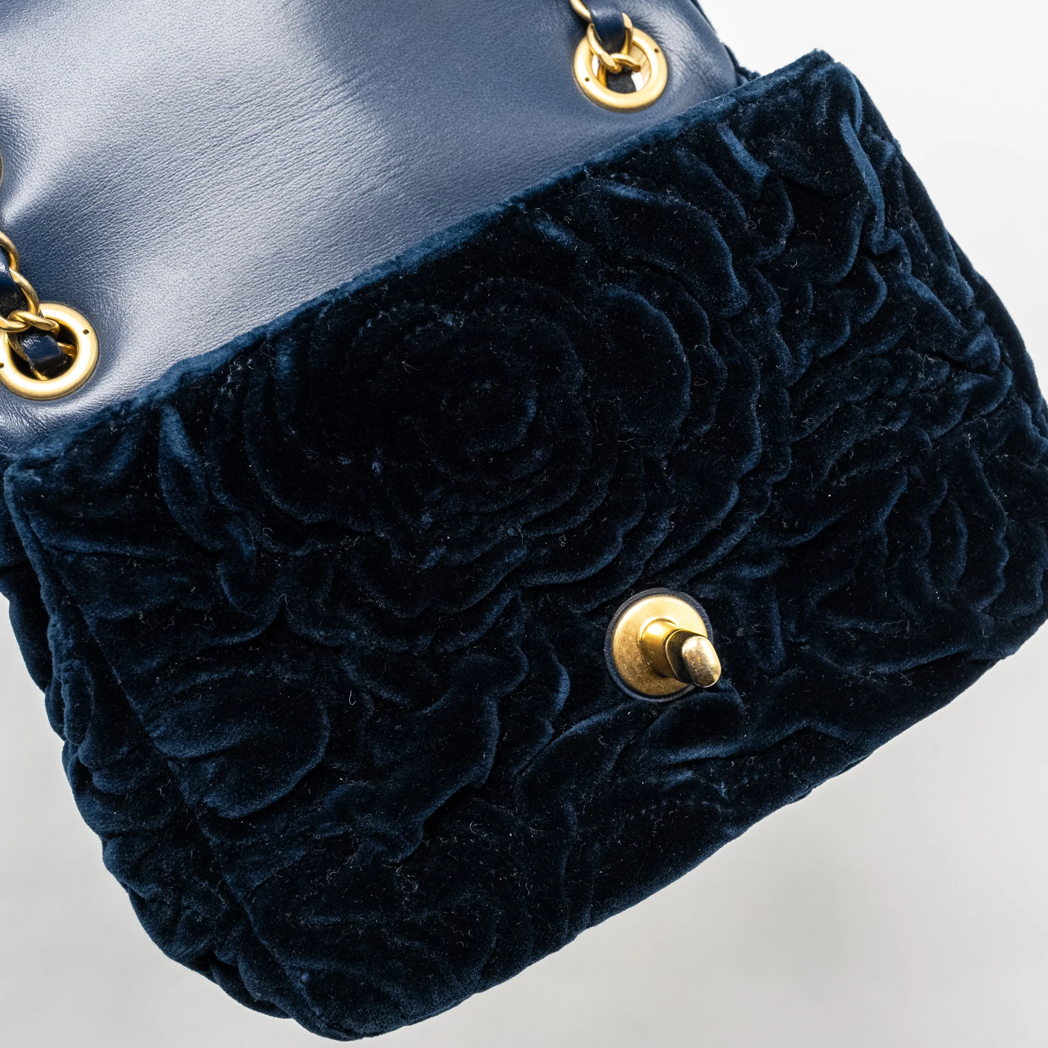 Chanel Camellia Embossed Mini Square Flap Bag Velvet Navy GHW (microchip) - Image 16