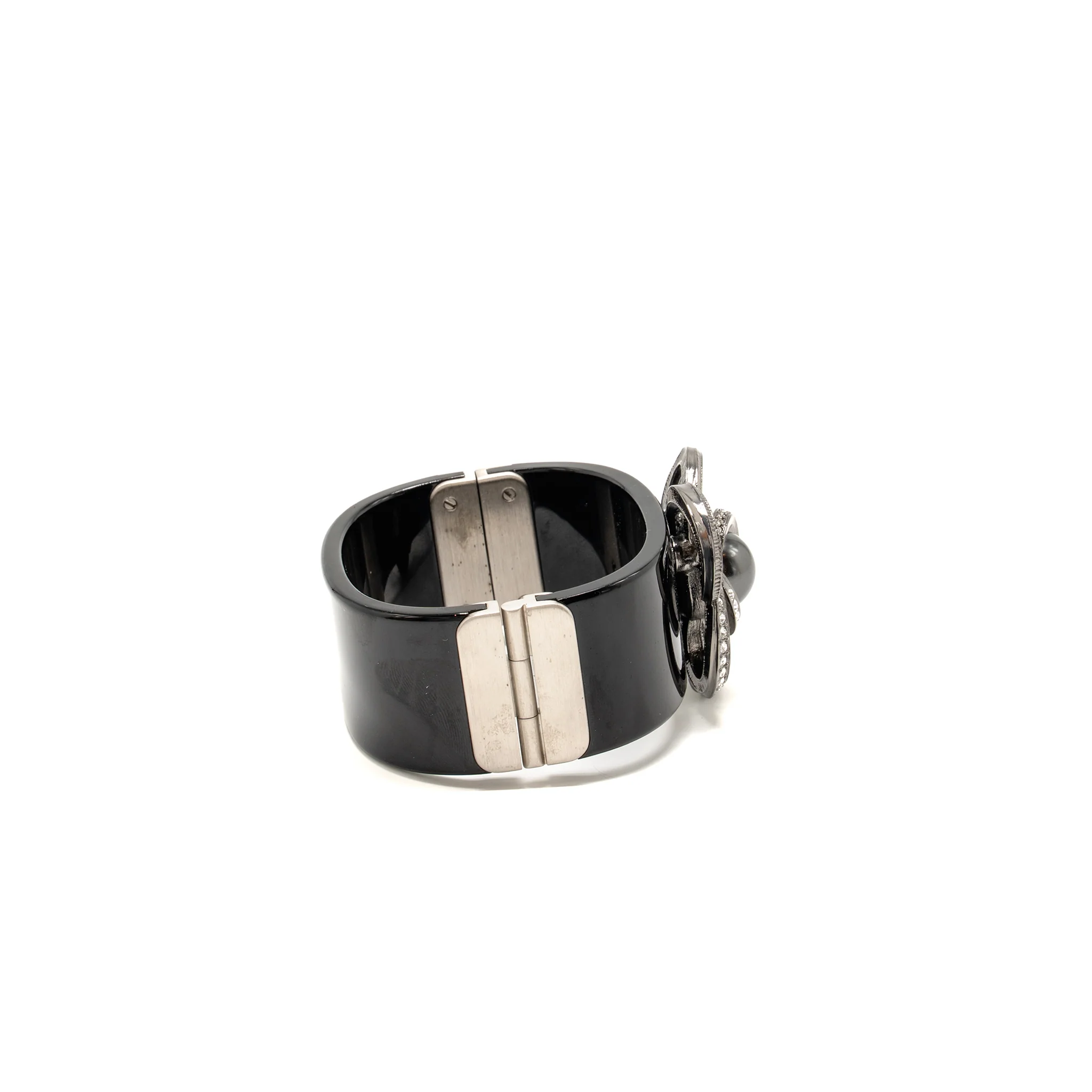 Chanel Camellia Wide Cuff Bracelet Pearl/Crystal/Resin Black Silver Tone - Image 3