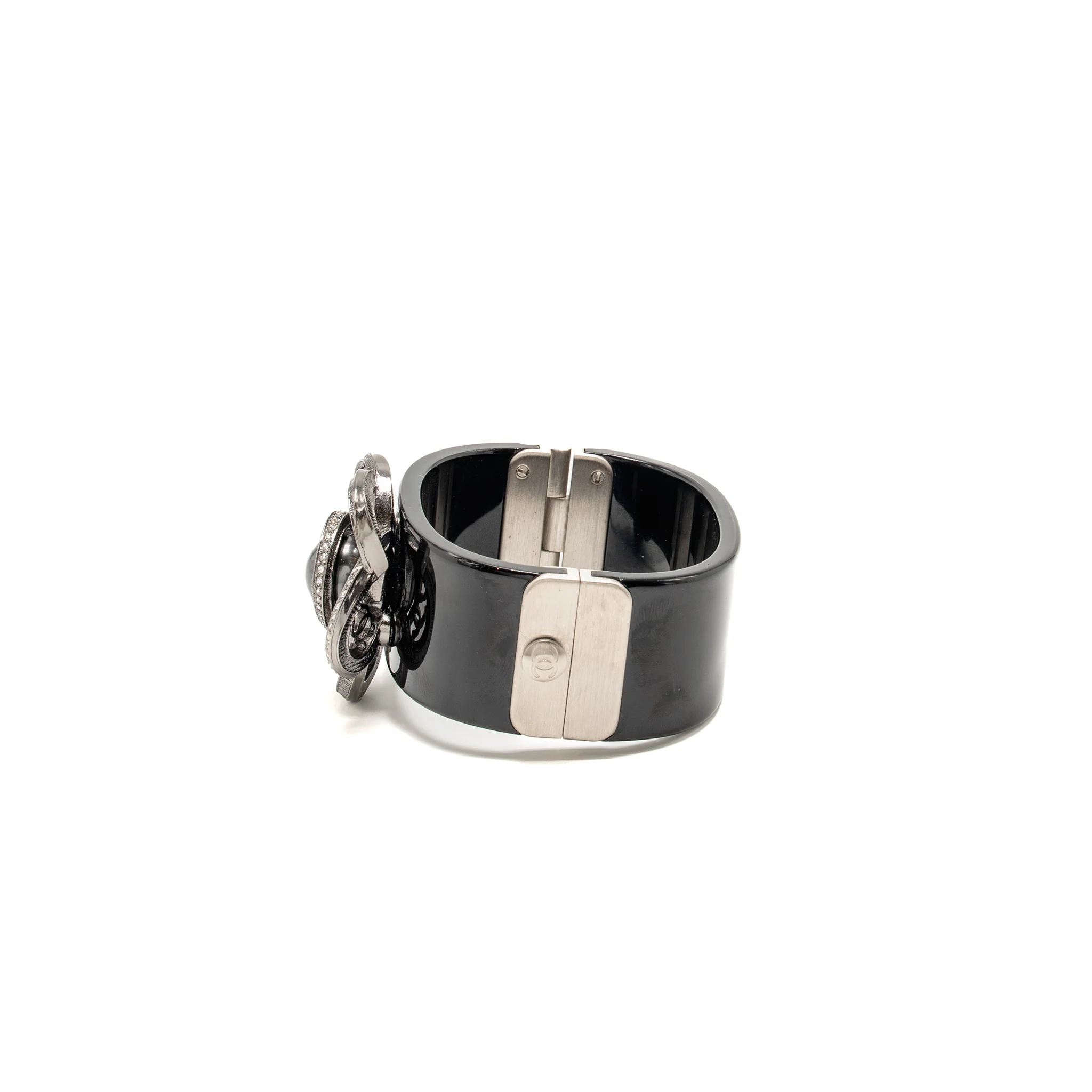 Chanel Camellia Wide Cuff Bracelet Pearl/Crystal/Resin Black Silver Tone - Image 4