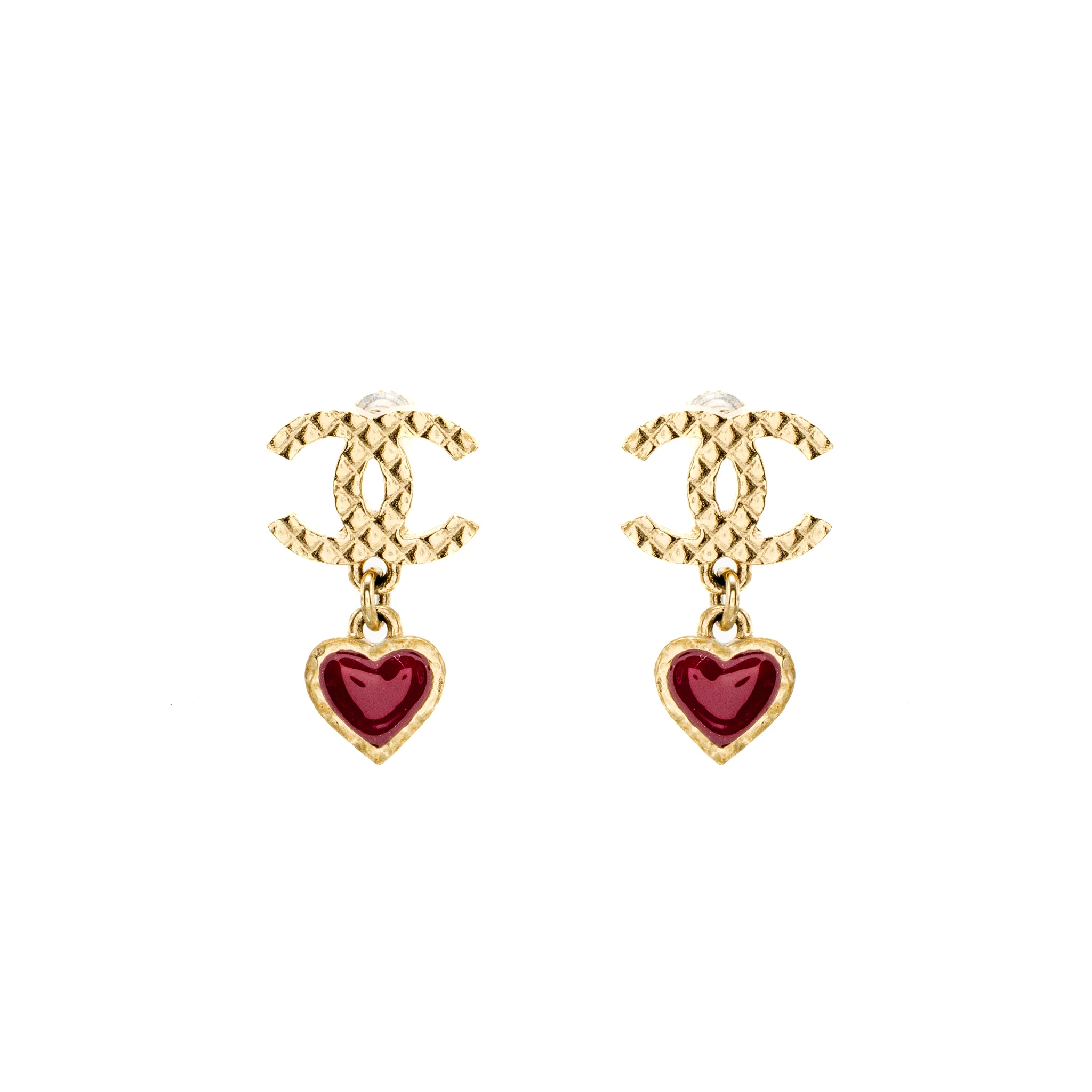 Chanel CC Heart Drop Earrings Light Gold Tone/ Purple