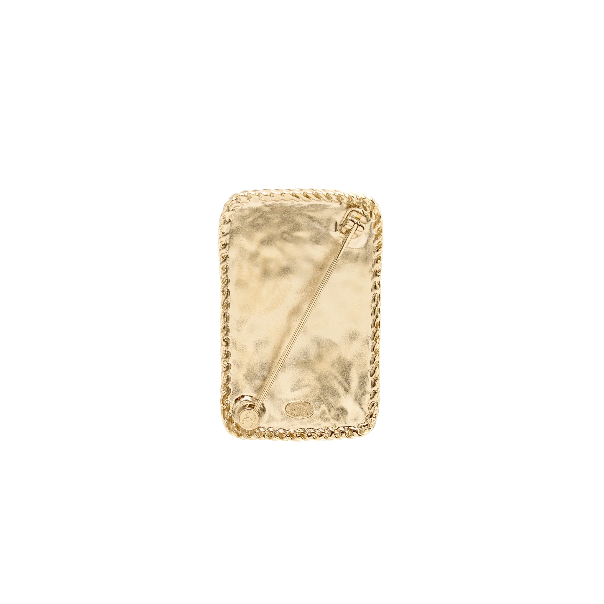 CHANEL CC LOGO AND CROWN METAL PLATE BROOCH BRUSHED Gold Hardware - Image 2