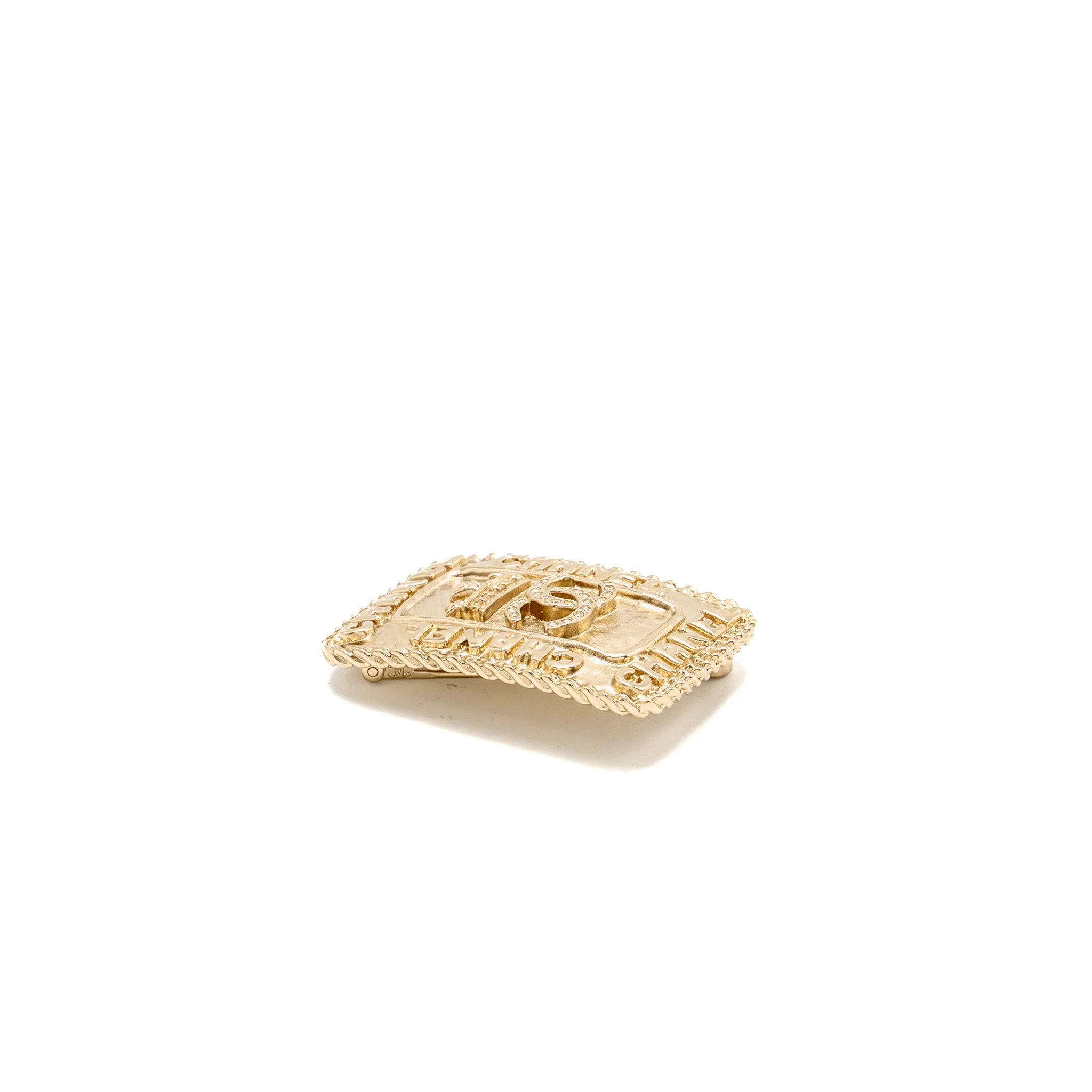 CHANEL CC LOGO AND CROWN METAL PLATE BROOCH BRUSHED Gold Hardware - Image 3