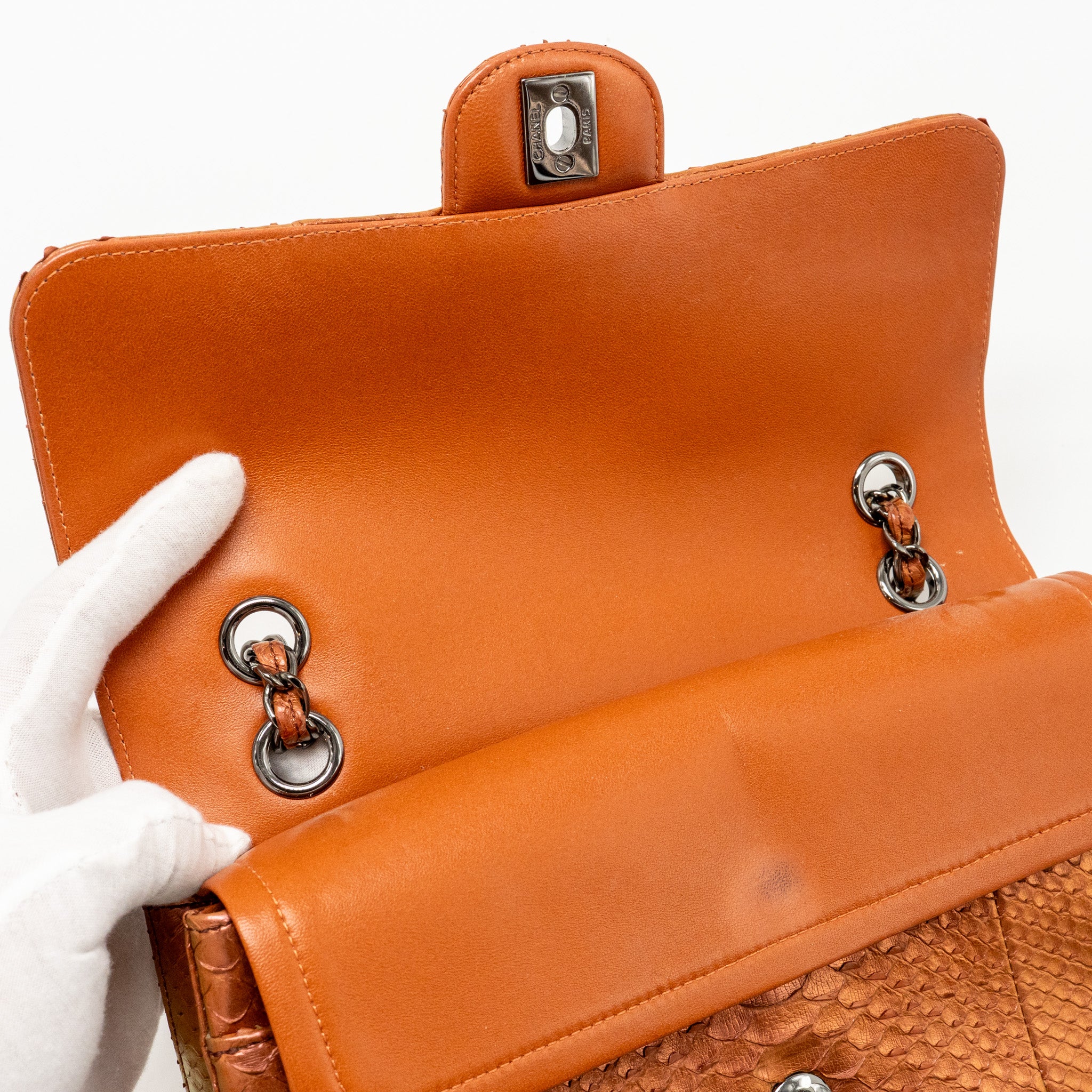 Chanel Classic double flap bag python leather orange SHW - Image 13