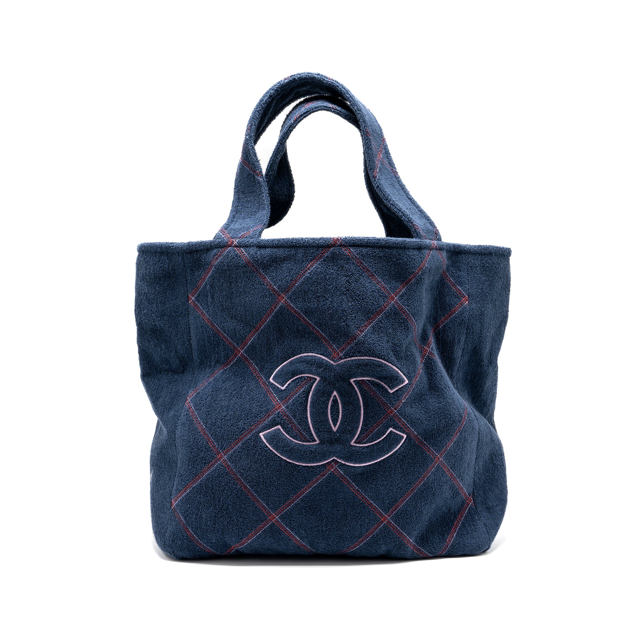Chanel Coco Beach Tote Bag with Towel/Pouch Set Terry Cloth Navy SHW - Image 2