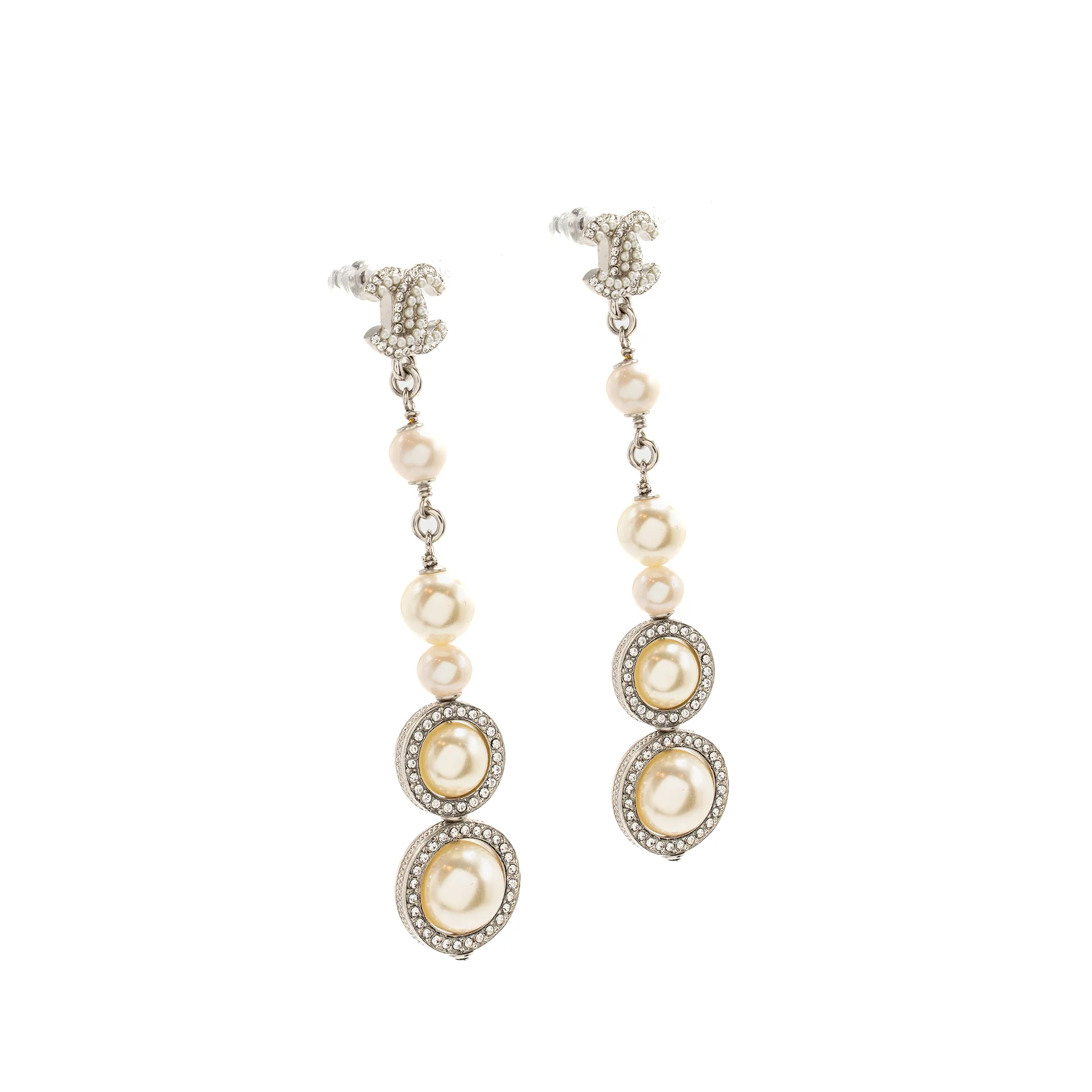 Chanel Crystal Pearl Dropped CC Logo Earrings Silver Tone - Image 3