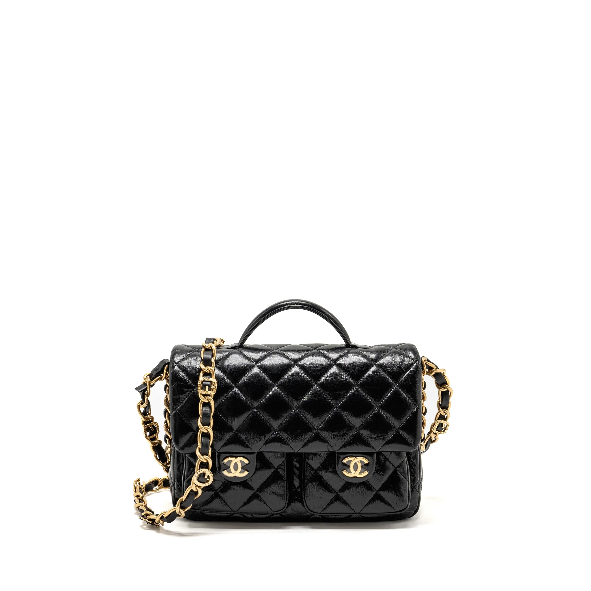 Chanel Double pocket top handle messanger bag shiny calfskin black GHW (microchip)