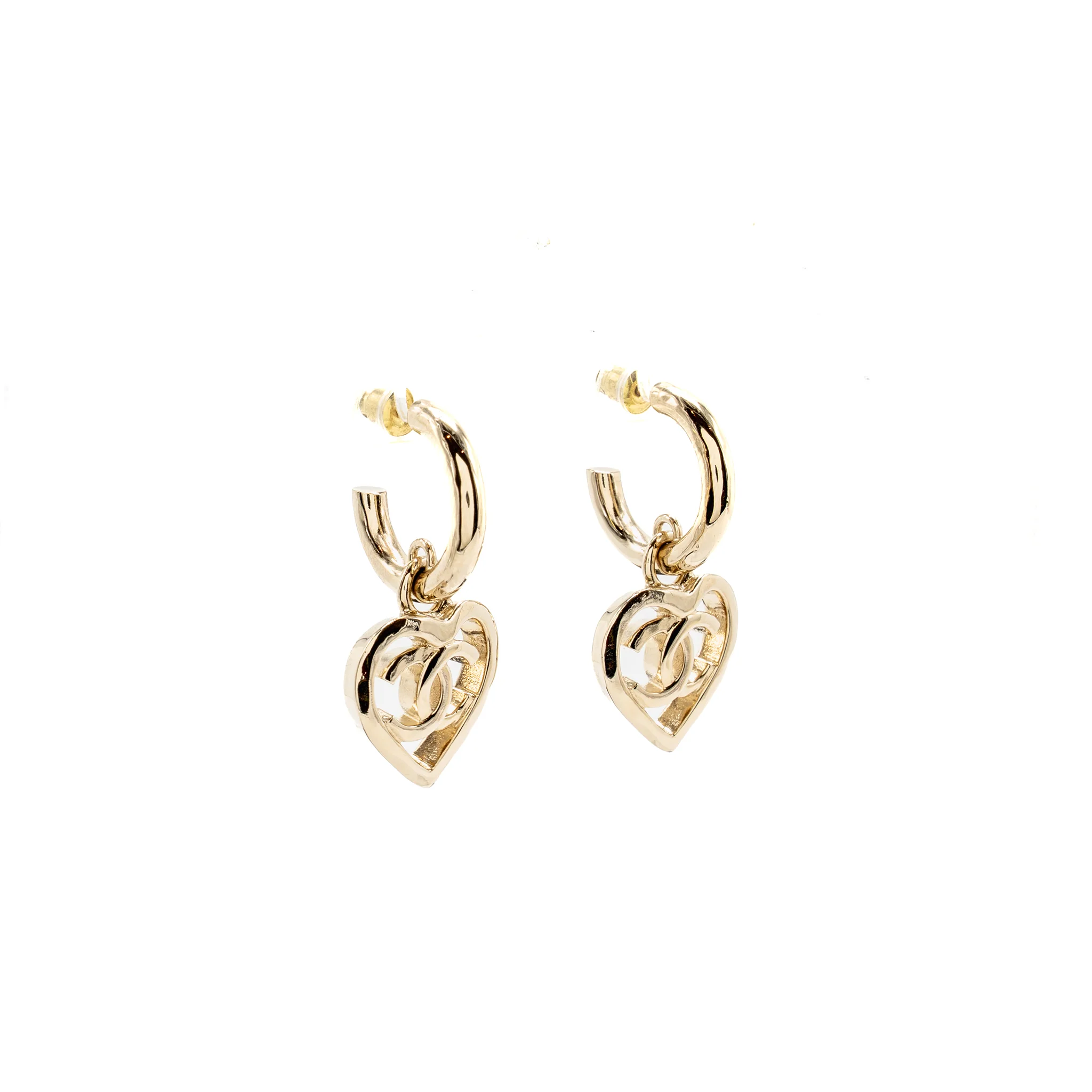 Chanel heart dropped hoop earrings light gold tone - Image 3