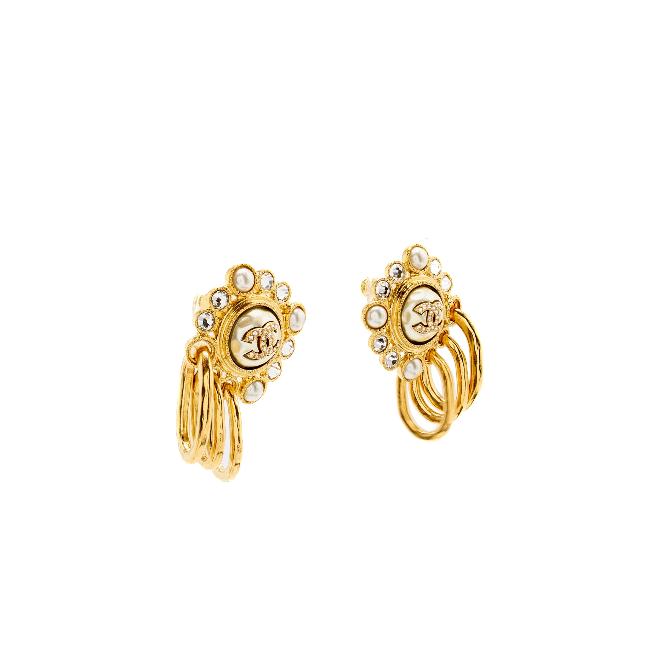 Chanel faux pearl & strass cc drop earrings gold tone - Image 3