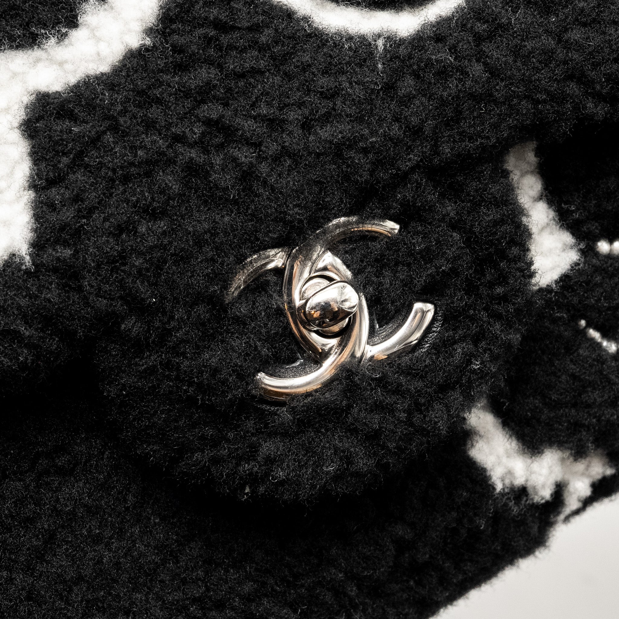 Chanel 22A Fluffy Camellia Flap Bag Embroidered Shearling Lambskin Black / White SHW (Microchip) - Image 12