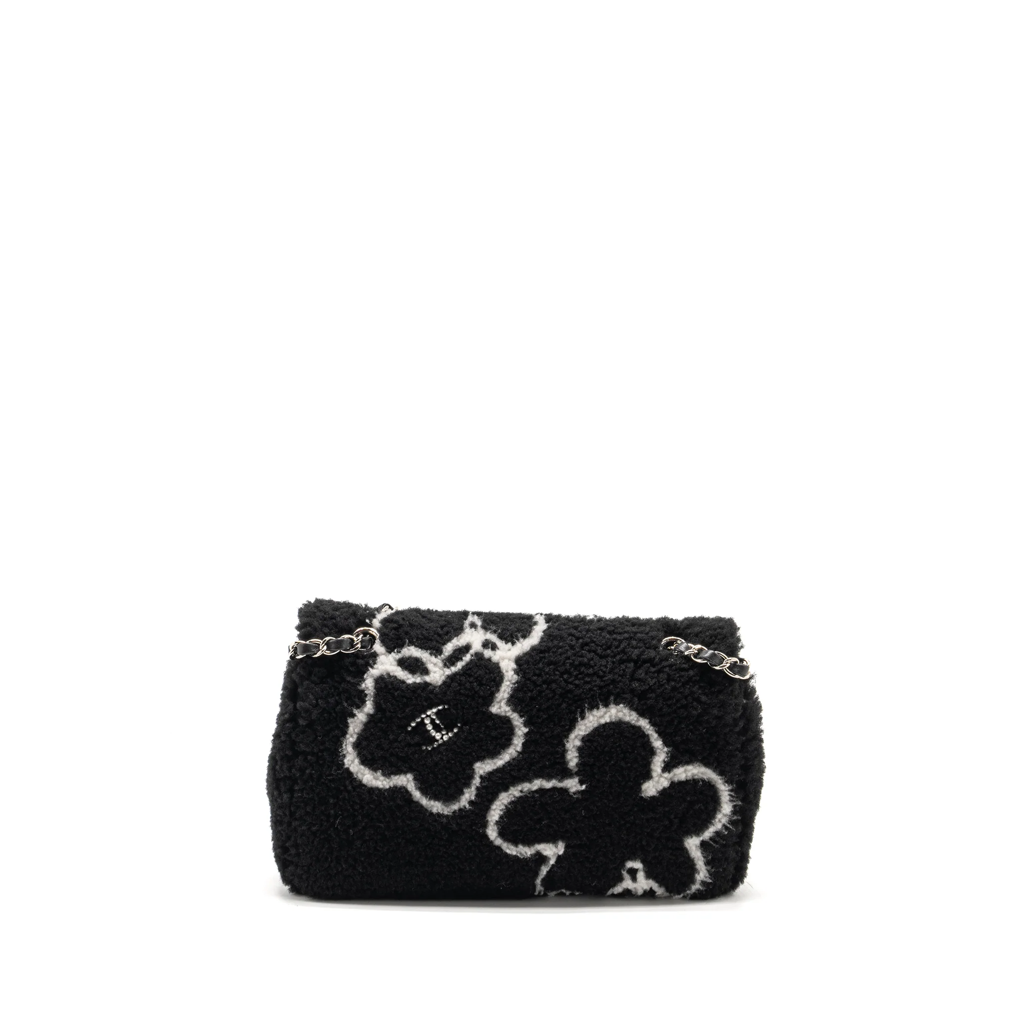 Chanel 22A Fluffy Camellia Flap Bag Embroidered Shearling Lambskin Black / White SHW (Microchip) - Image 2