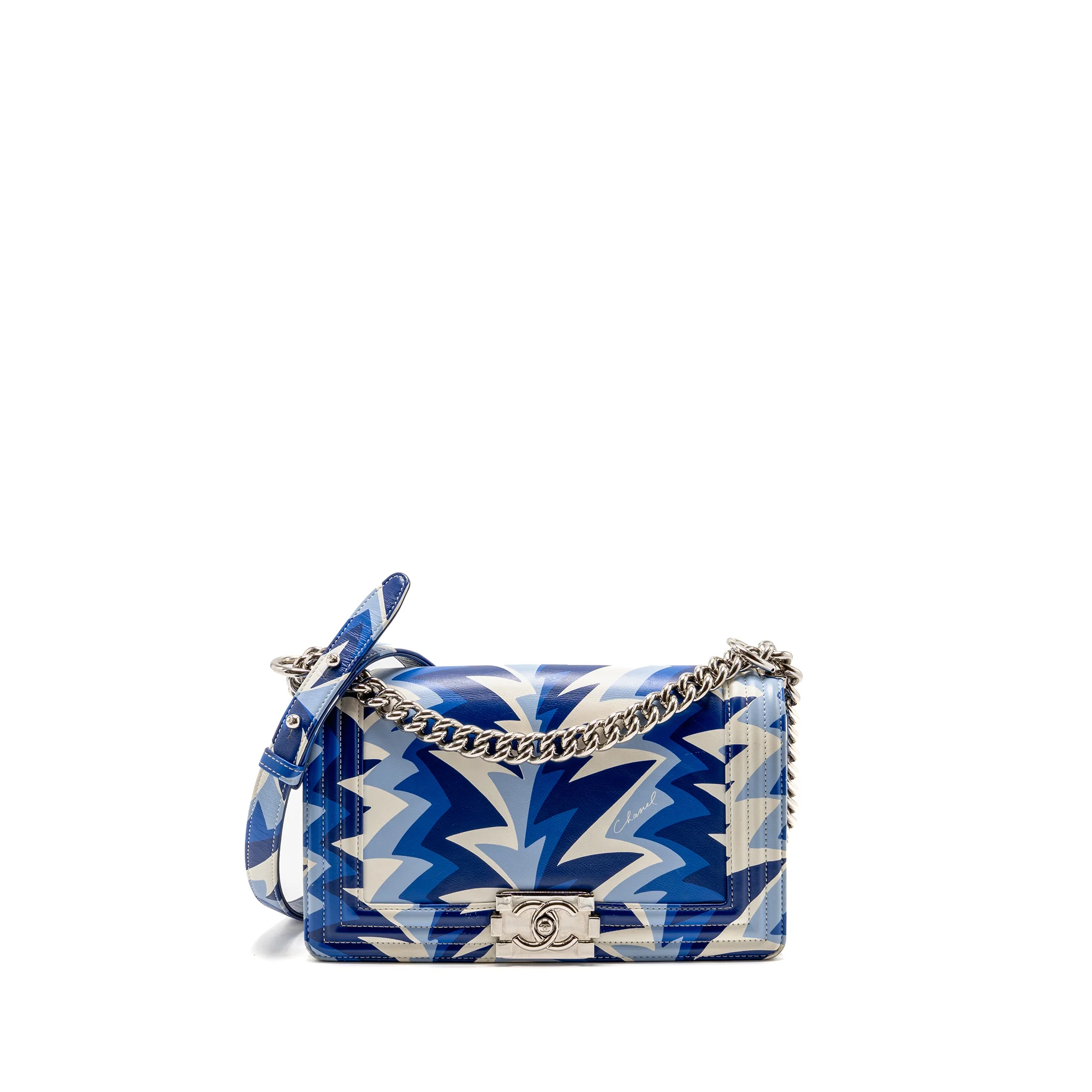 Chanel Medium Boy Bag 19C Limited Edition Printed Calfskin White/Blue SHW