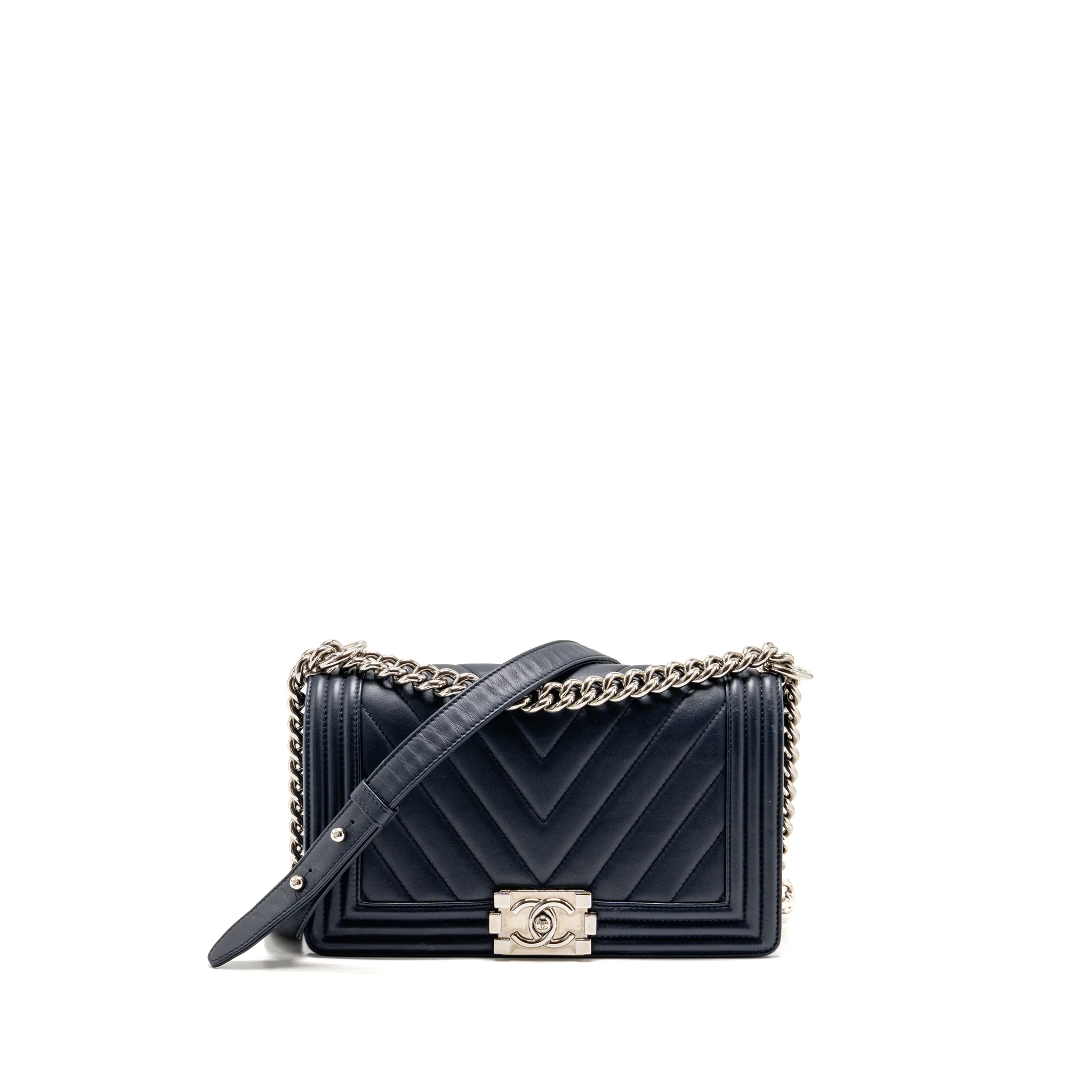 Chanel Medium Chevron Boy Bag Calfskin Blue SHW