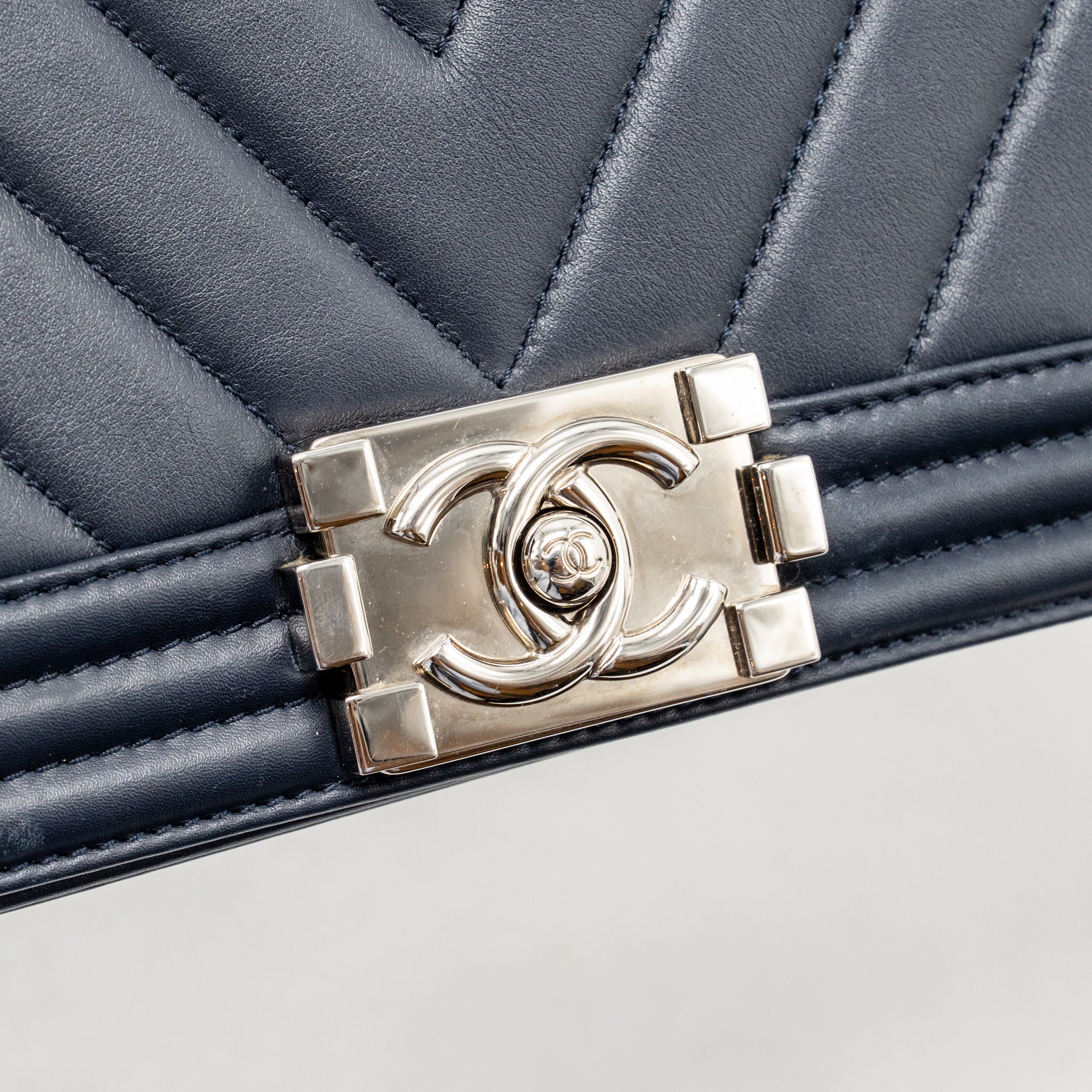 Chanel Medium Chevron Boy Bag Calfskin Blue SHW - Image 13