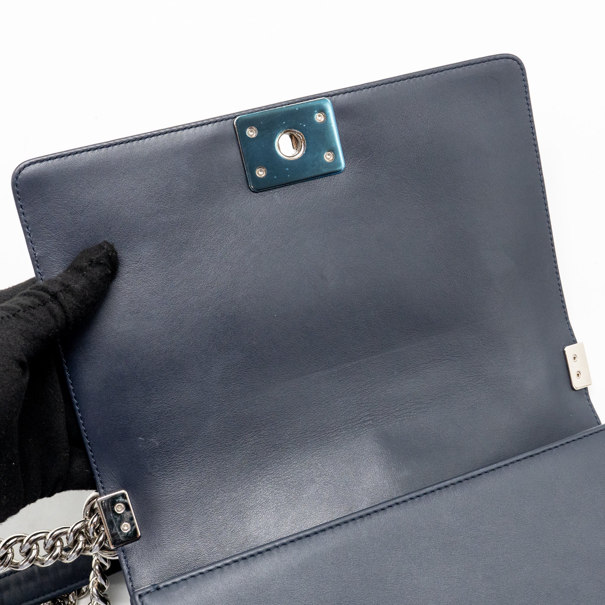Chanel Medium Chevron Boy Bag Calfskin Blue SHW - Image 15