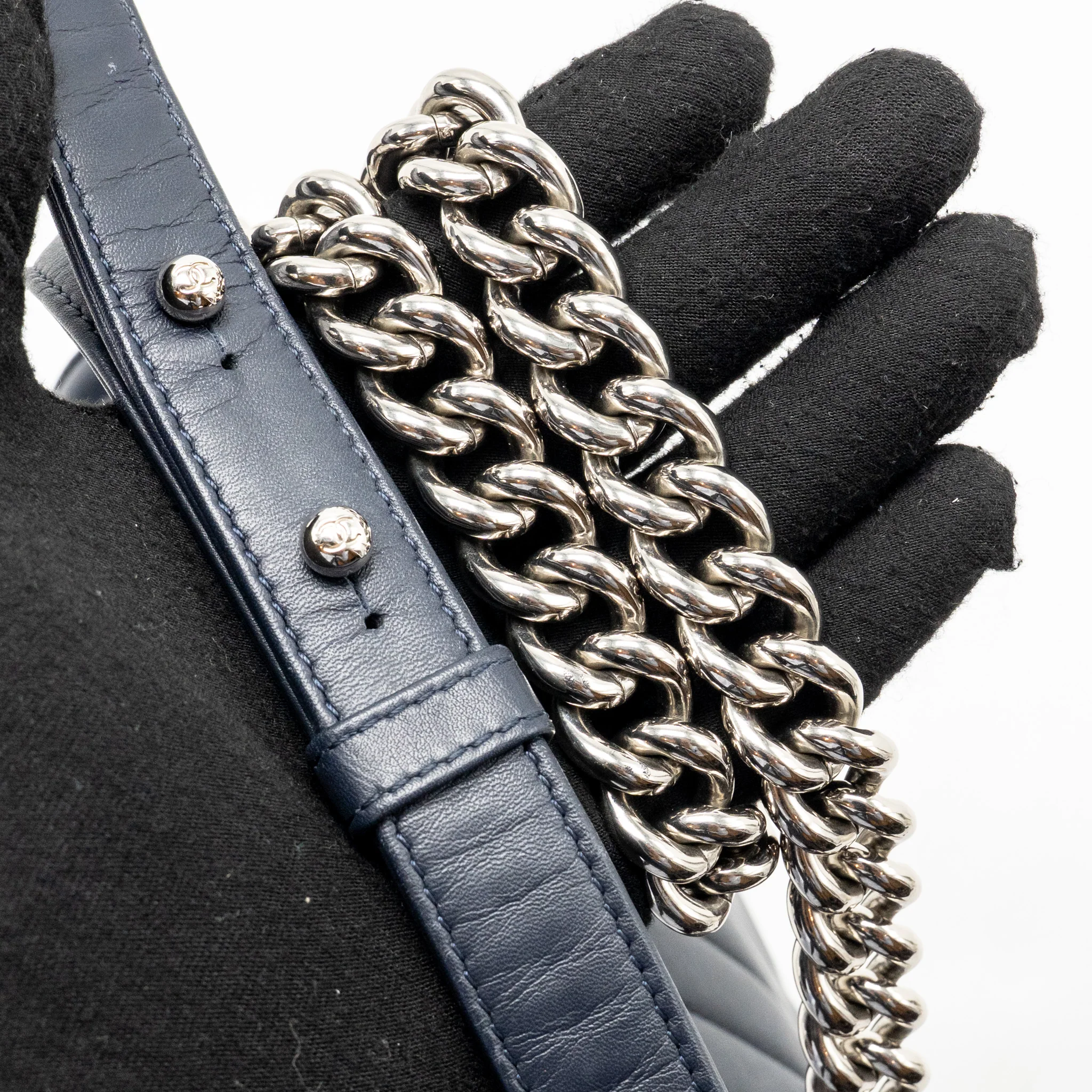 Chanel Medium Chevron Boy Bag Calfskin Blue SHW - Image 20