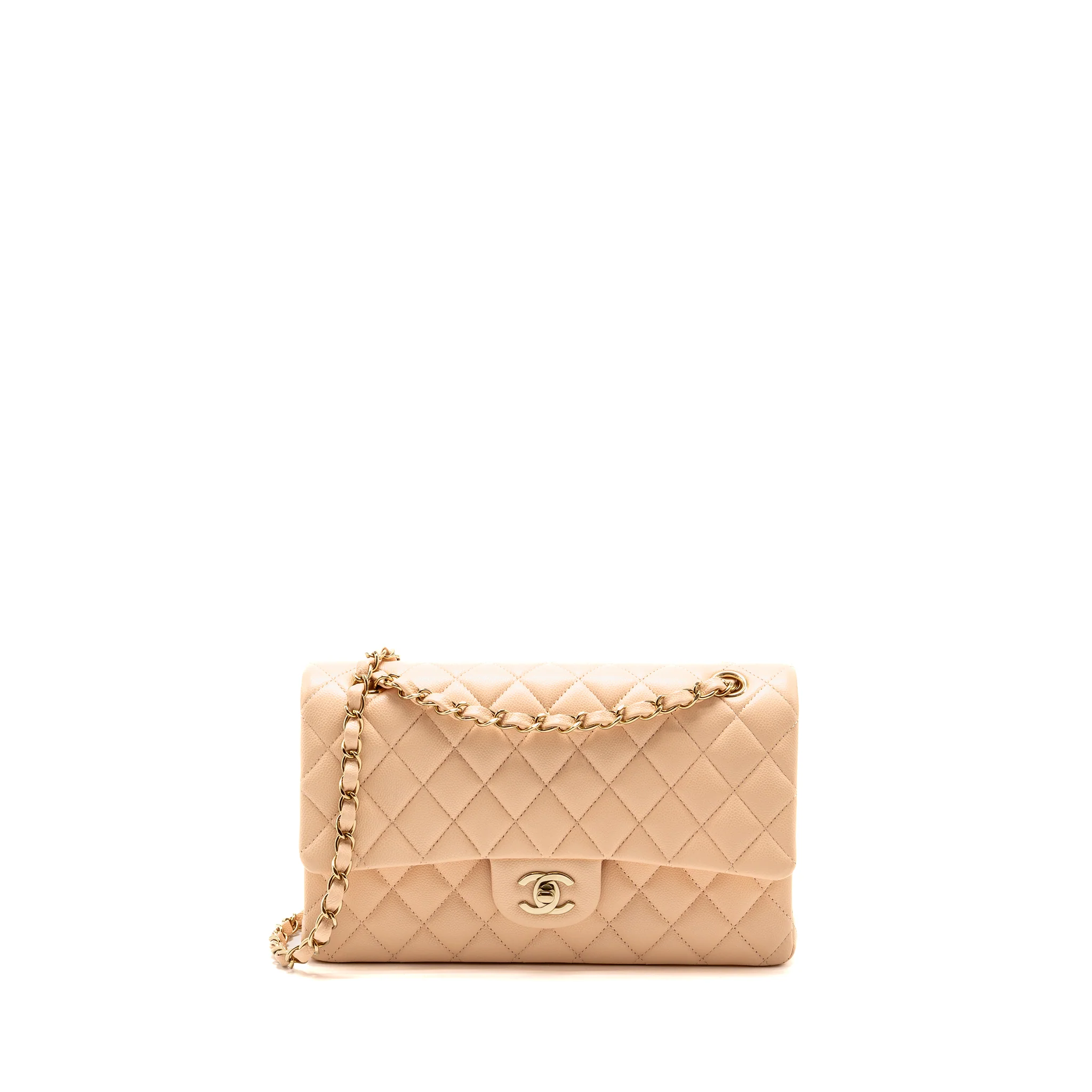 Chanel Medium Classic Double Flap Bag Caviar Light Beige LGHW (Microchip)