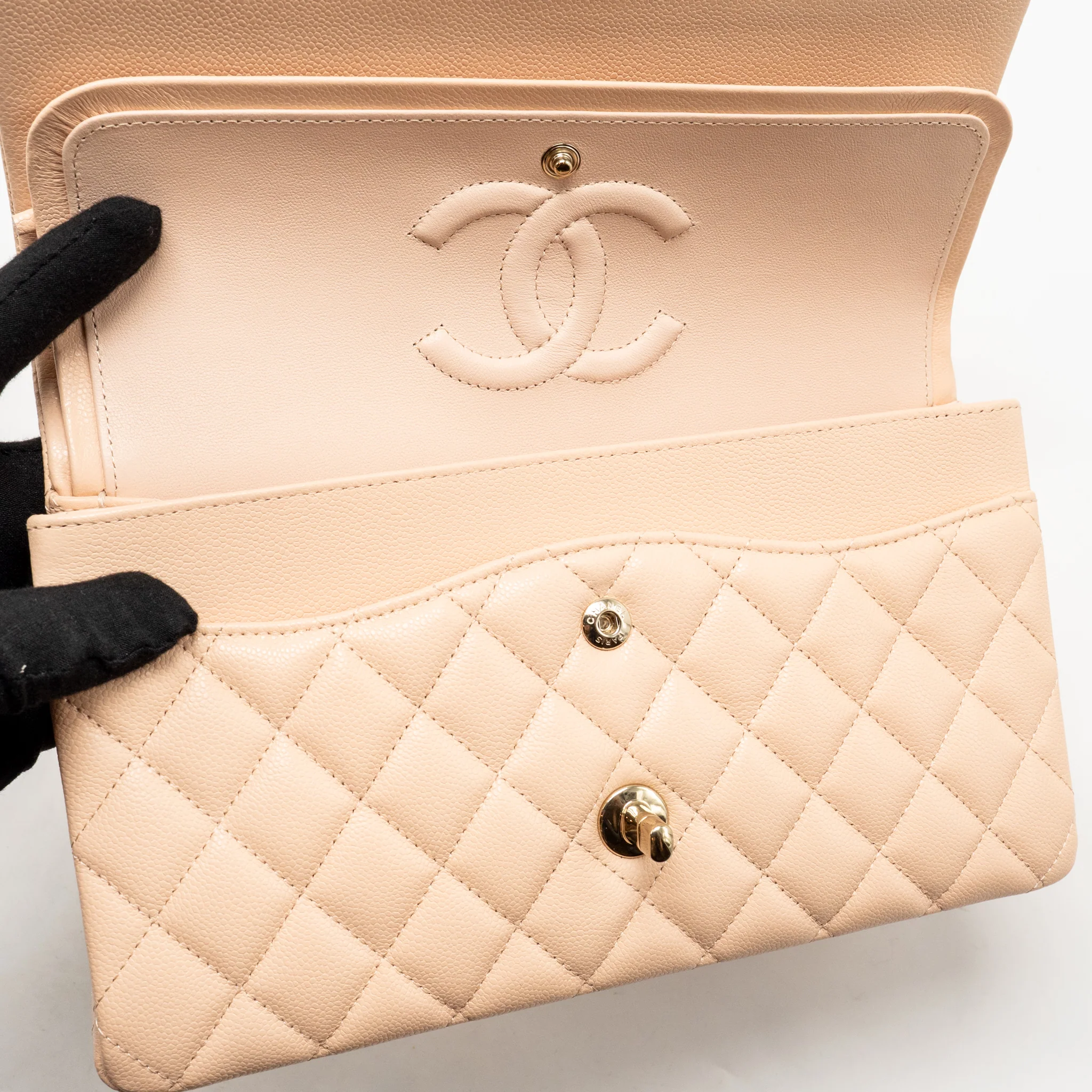 Chanel Medium Classic Double Flap Bag Caviar Light Beige LGHW (Microchip) - Image 14