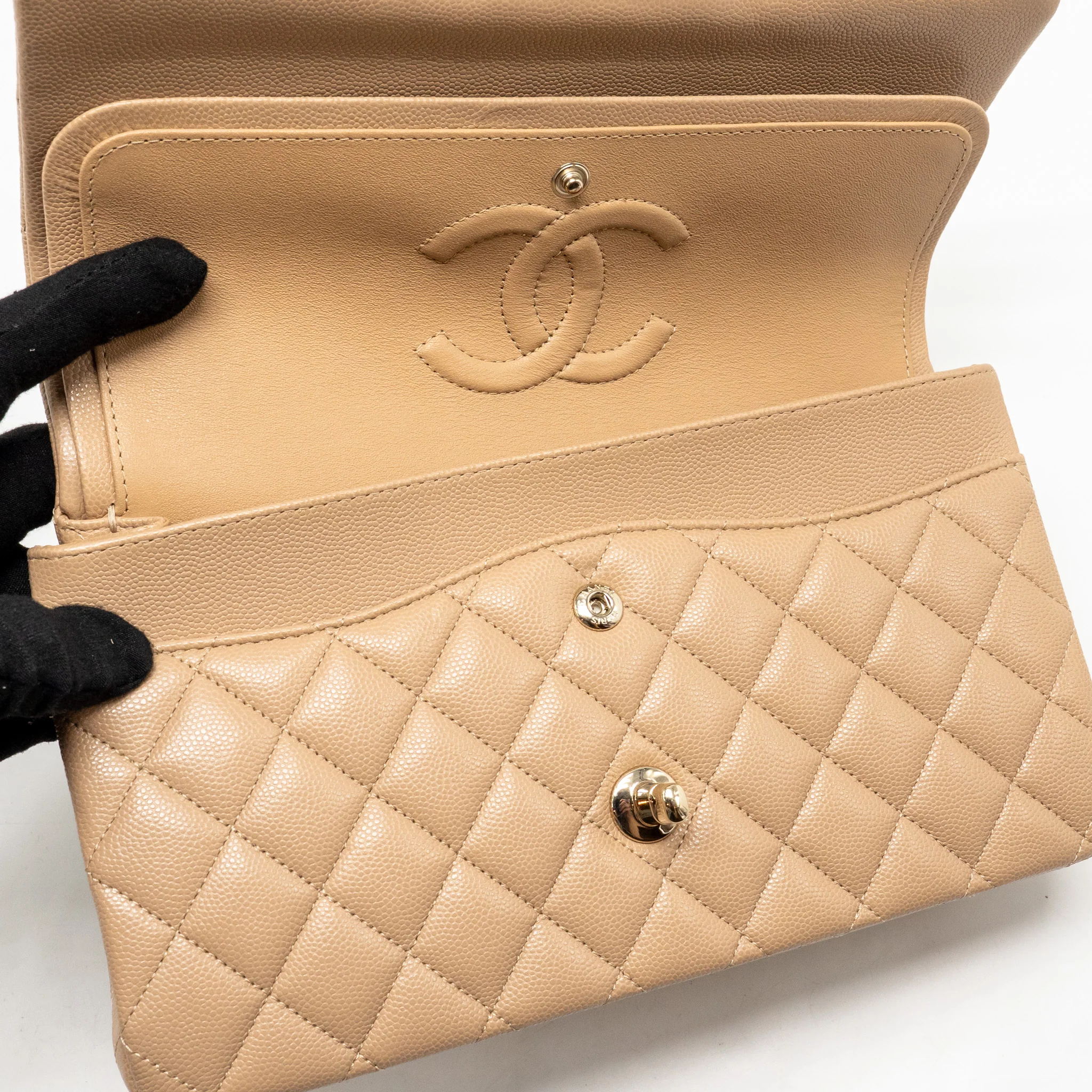 Chanel Medium classic double flap bag Caviar dark beige LGHW - Image 14
