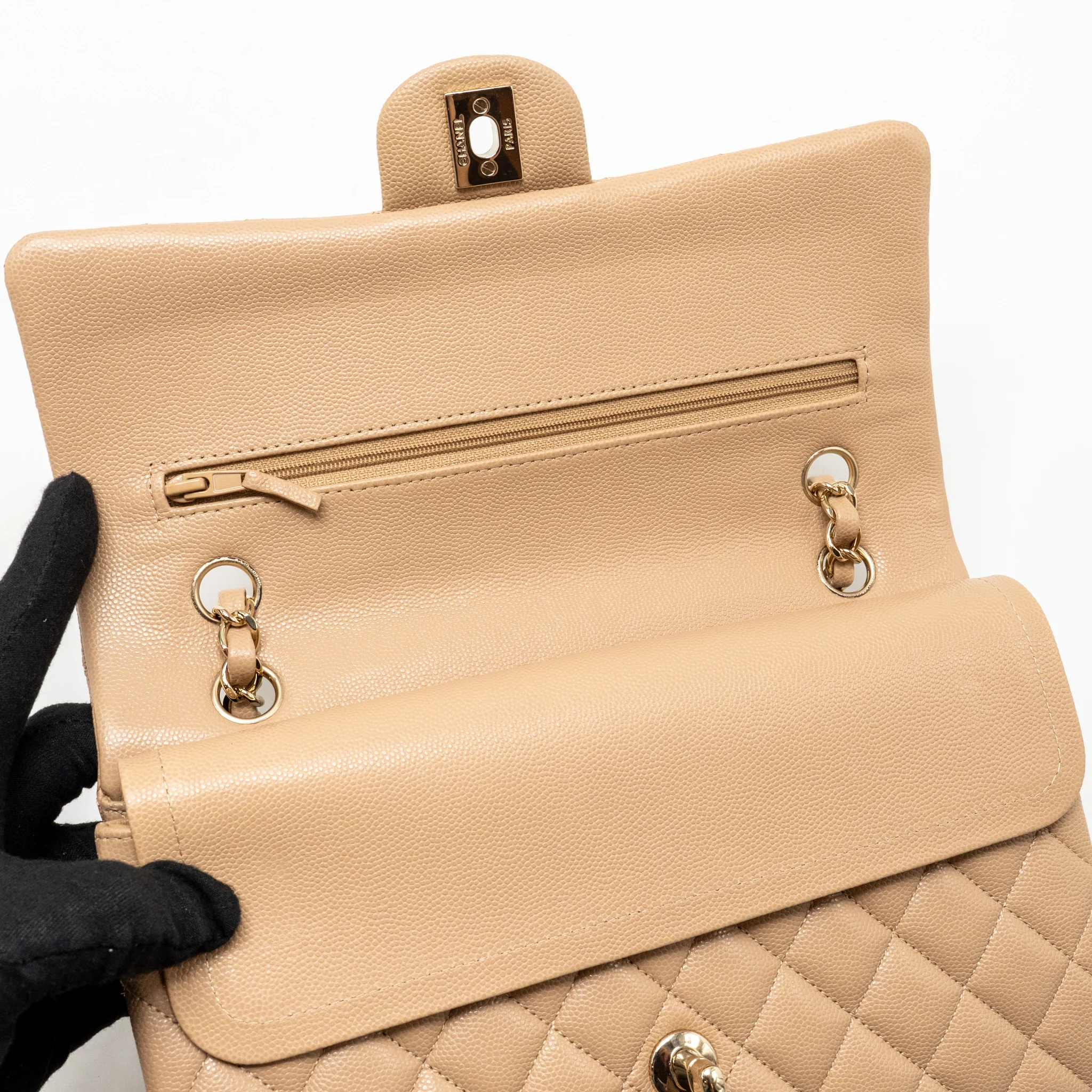 Chanel Medium classic double flap bag Caviar dark beige LGHW - Image 15