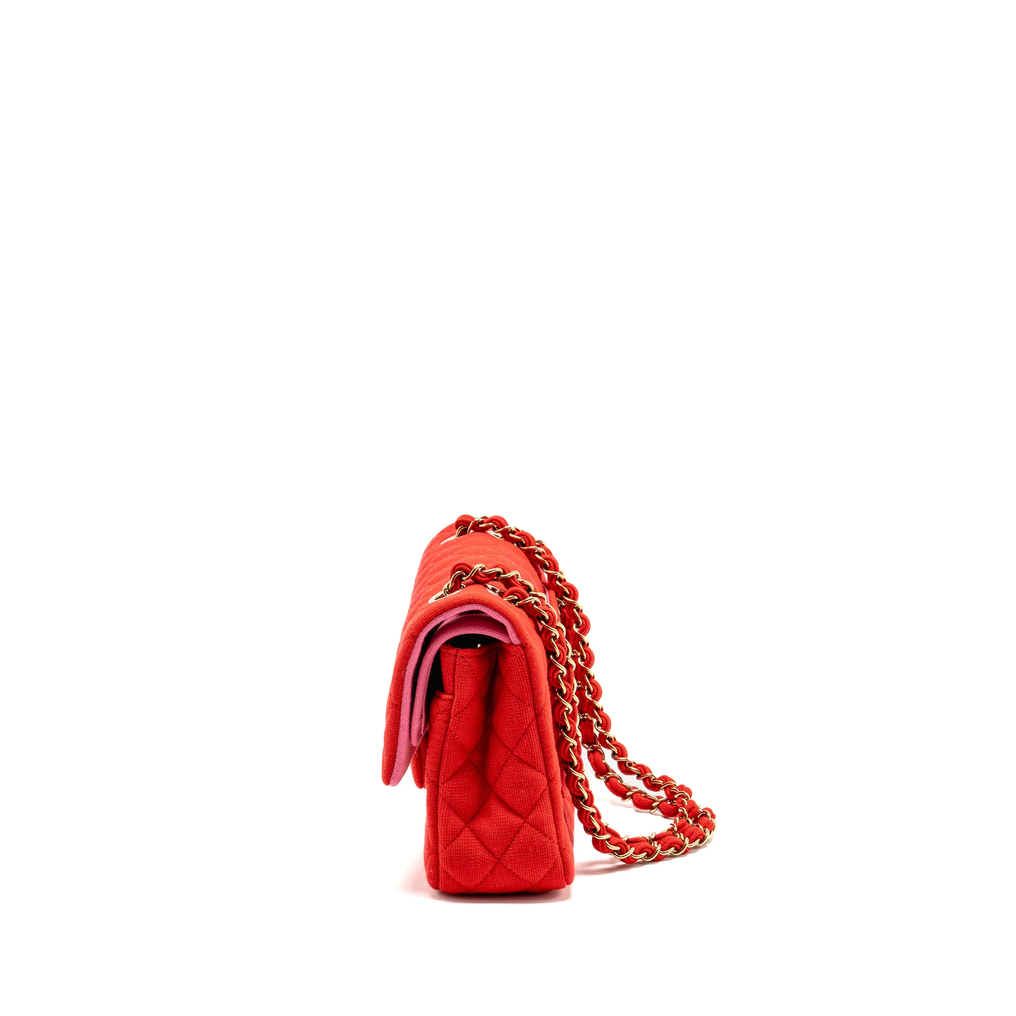 Chanel Medium Classic double flap bag fabric red /pink LGHW (microchip) - Image 4