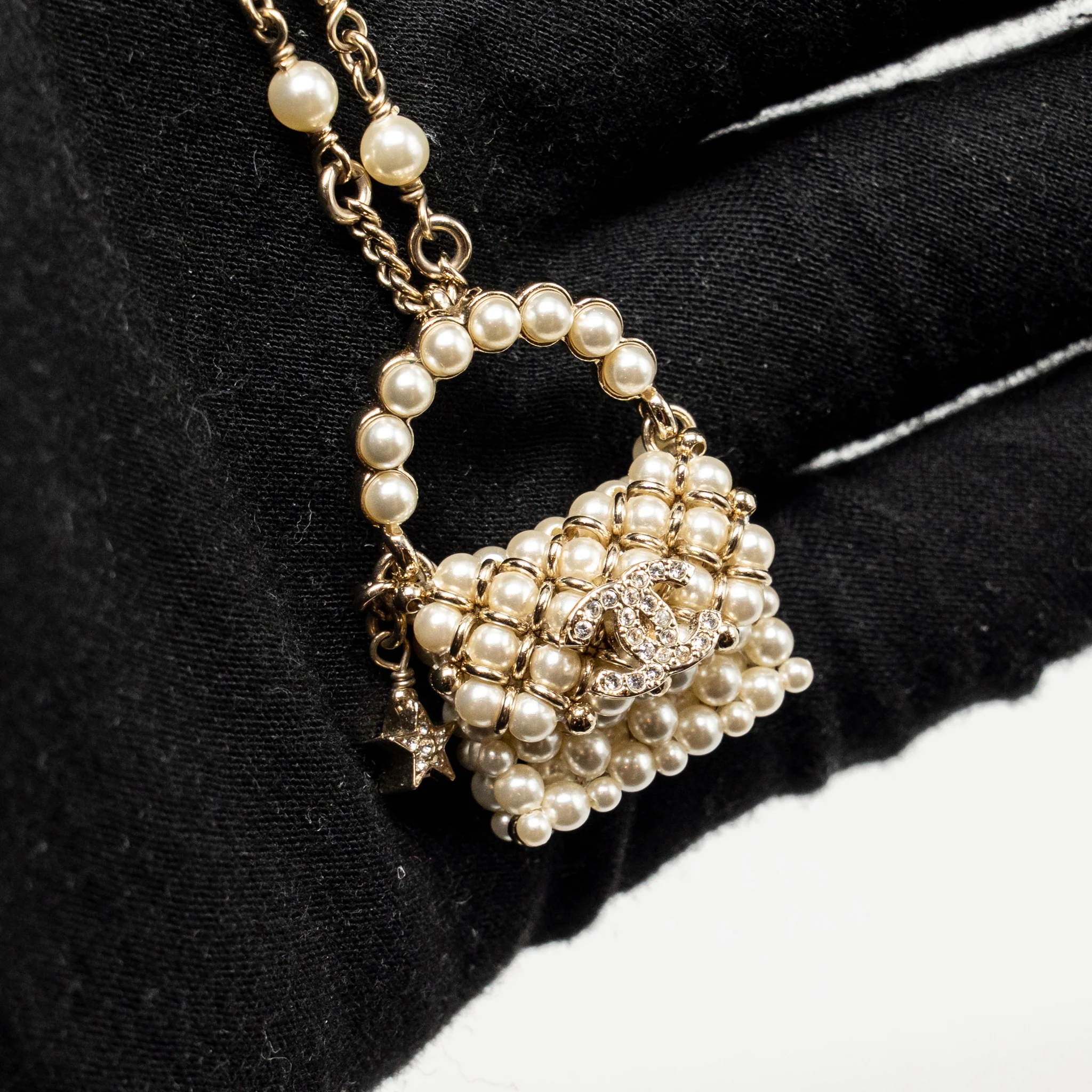 Chanel Mini Pearl Bag Necklace Light Gold Tone - Image 4