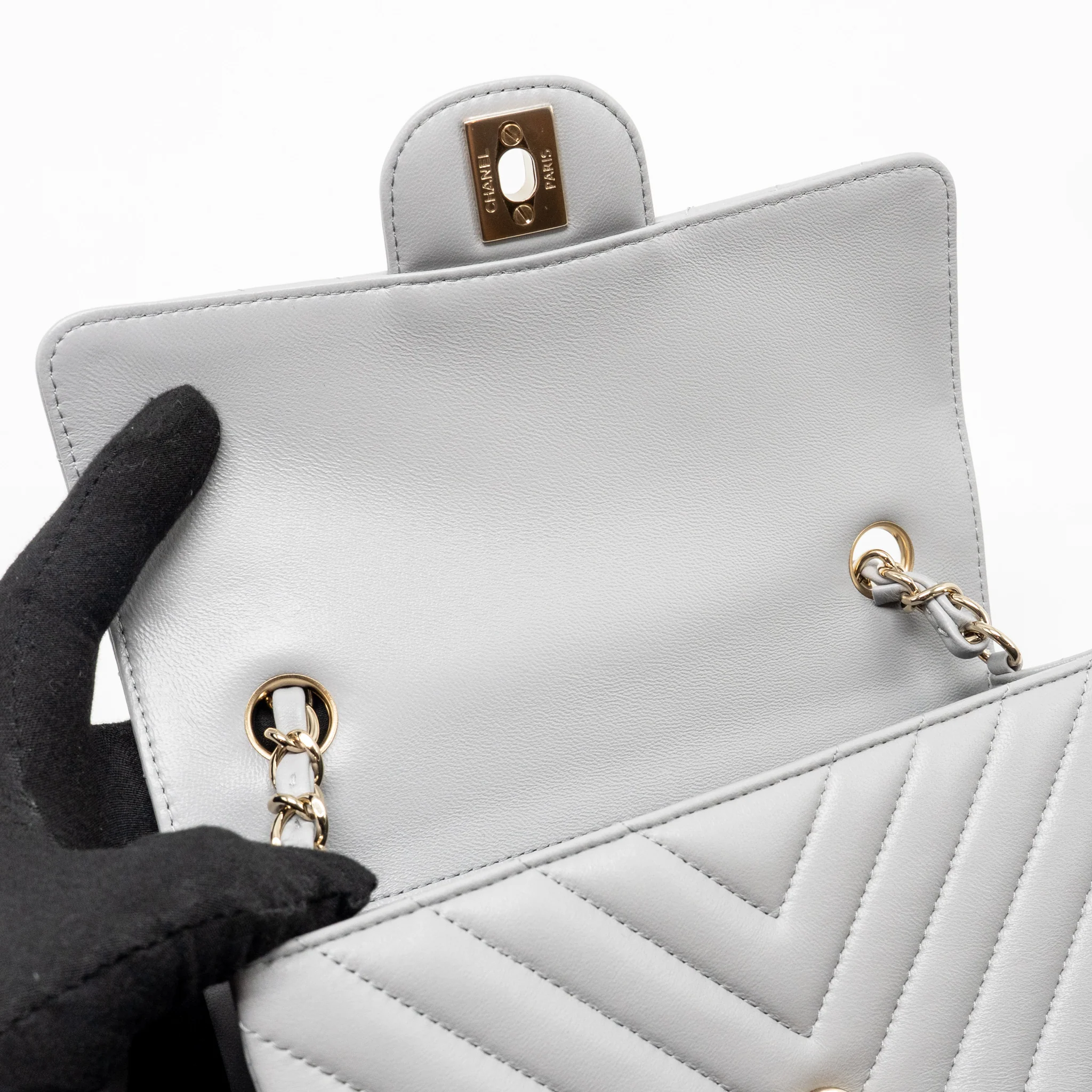 Chanel Mini Rectangular Flap Bag Chevron Lambskin Grey LGHW - Image 14