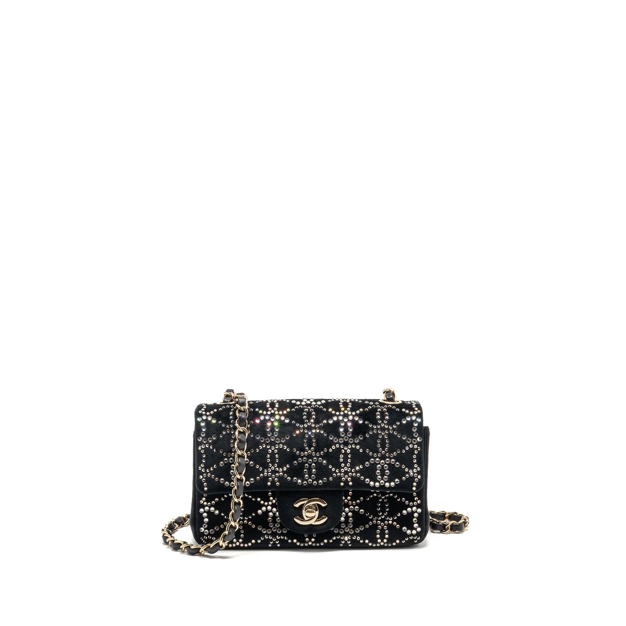 Chanel Mini Rectangular flap bag velvet with crystal black LGHW